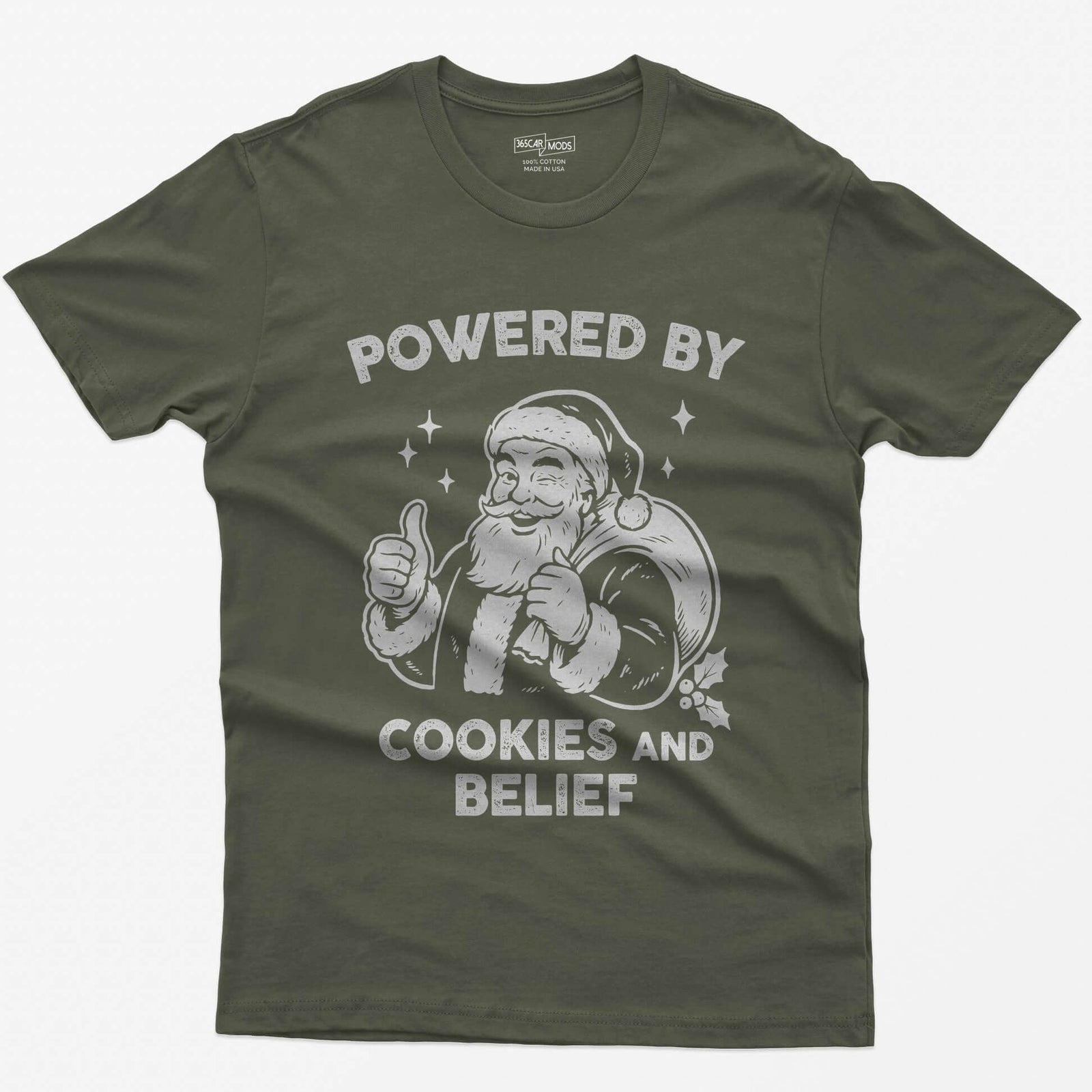 Military Green t-shirt with vintage white print of a winking Santa giving a thumbs up and the words Powered by Cookies and Belief