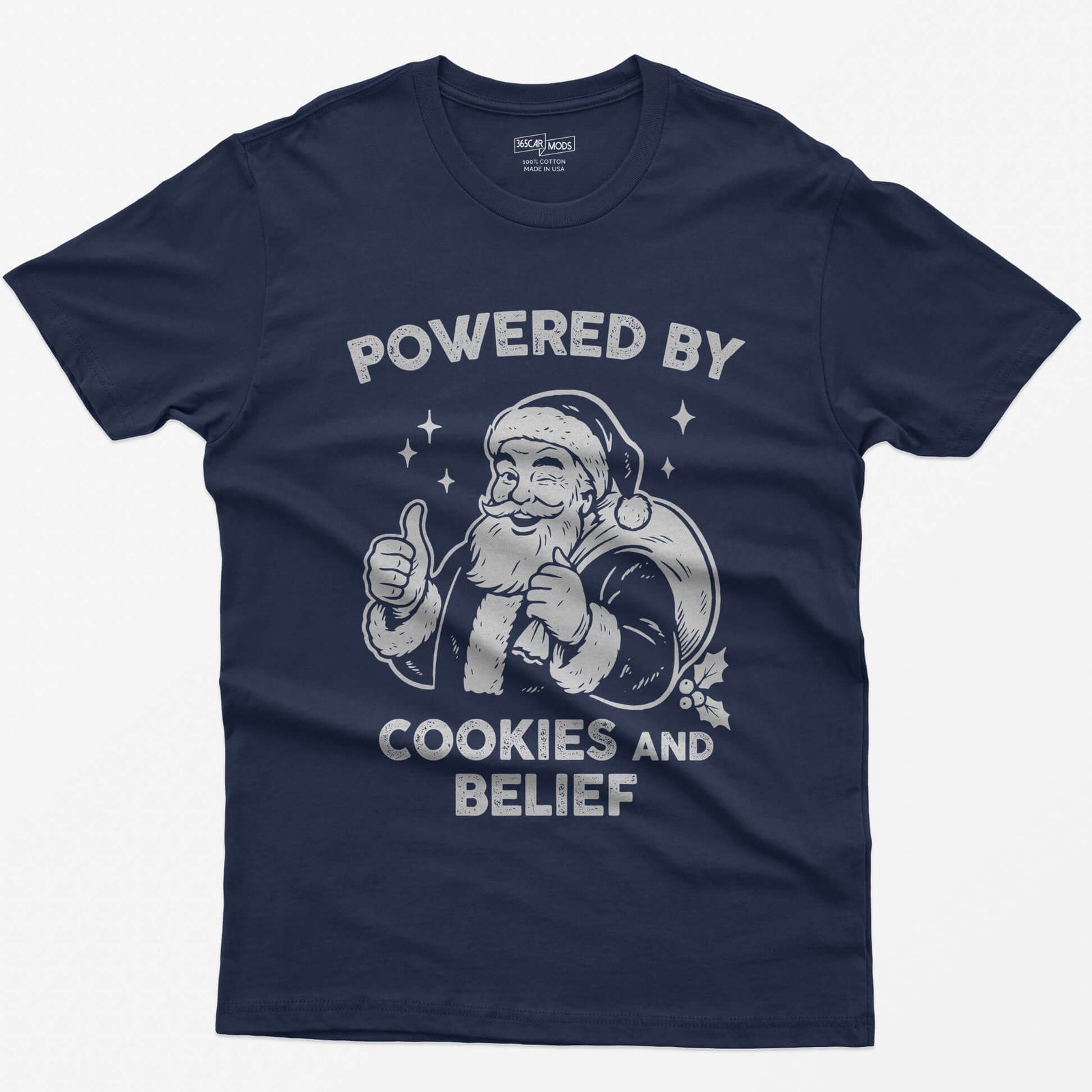 Navy t-shirt with vintage white print of a winking Santa giving a thumbs up and the words Powered by Cookies and Belief