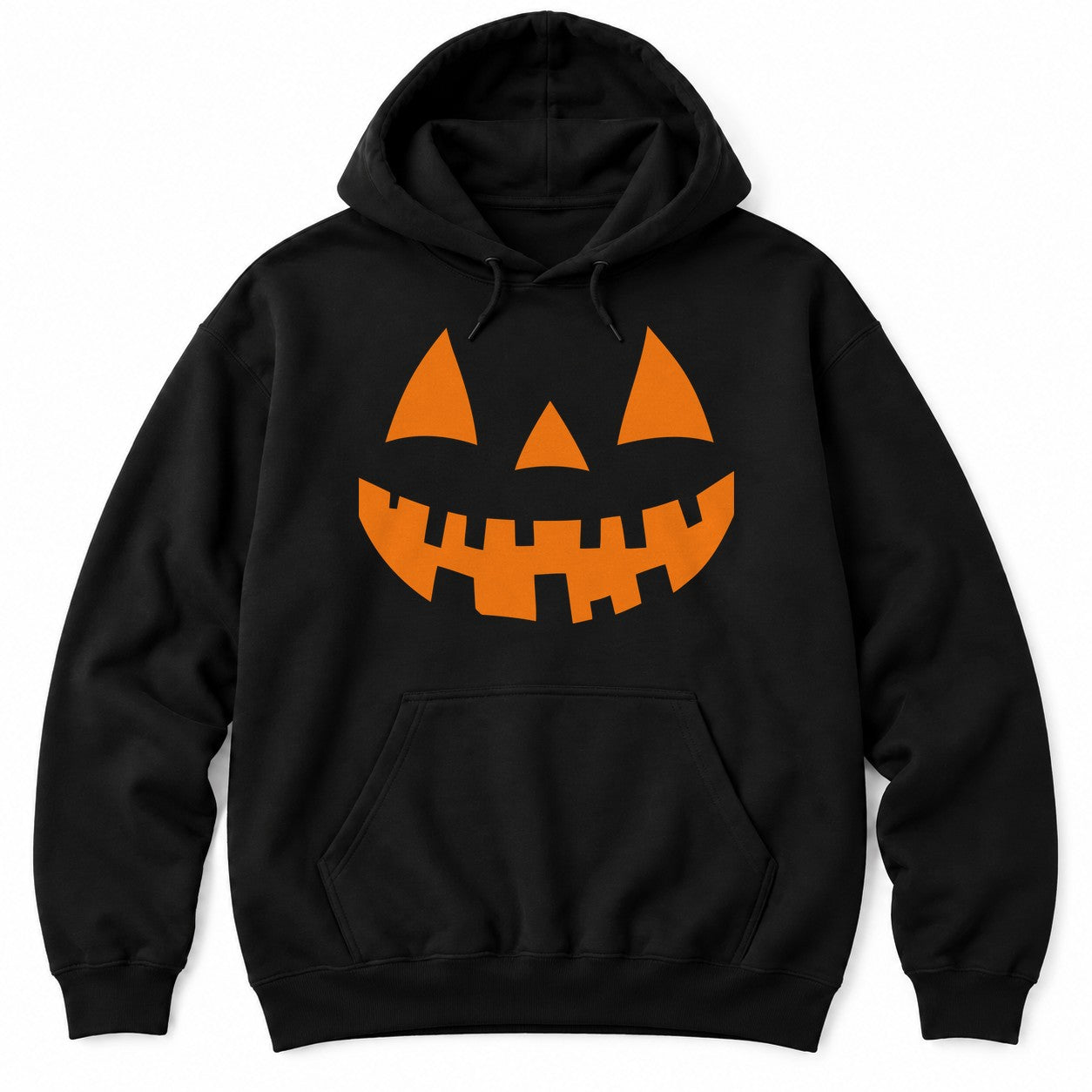 Black hoodie with a large orange jack-o'-lantern face with pointed eyes, a triangle nose and a jagged toothy grin