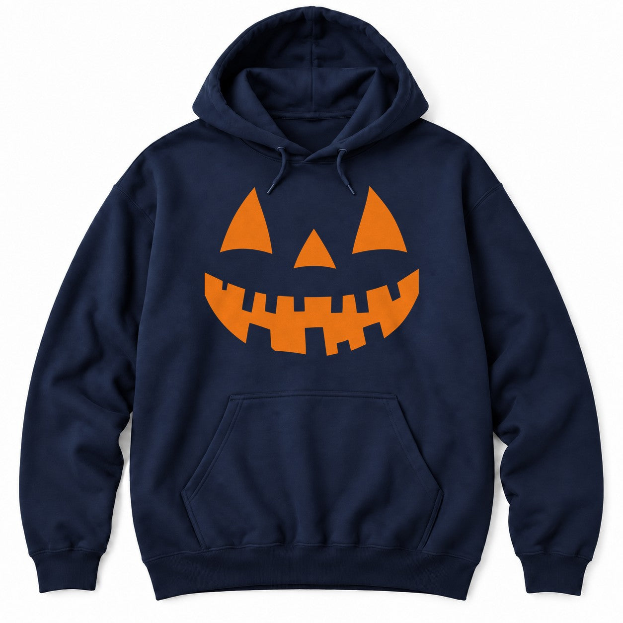 Navy hoodie with a large orange jack-o'-lantern face with pointed eyes, a triangle nose and a jagged toothy grin