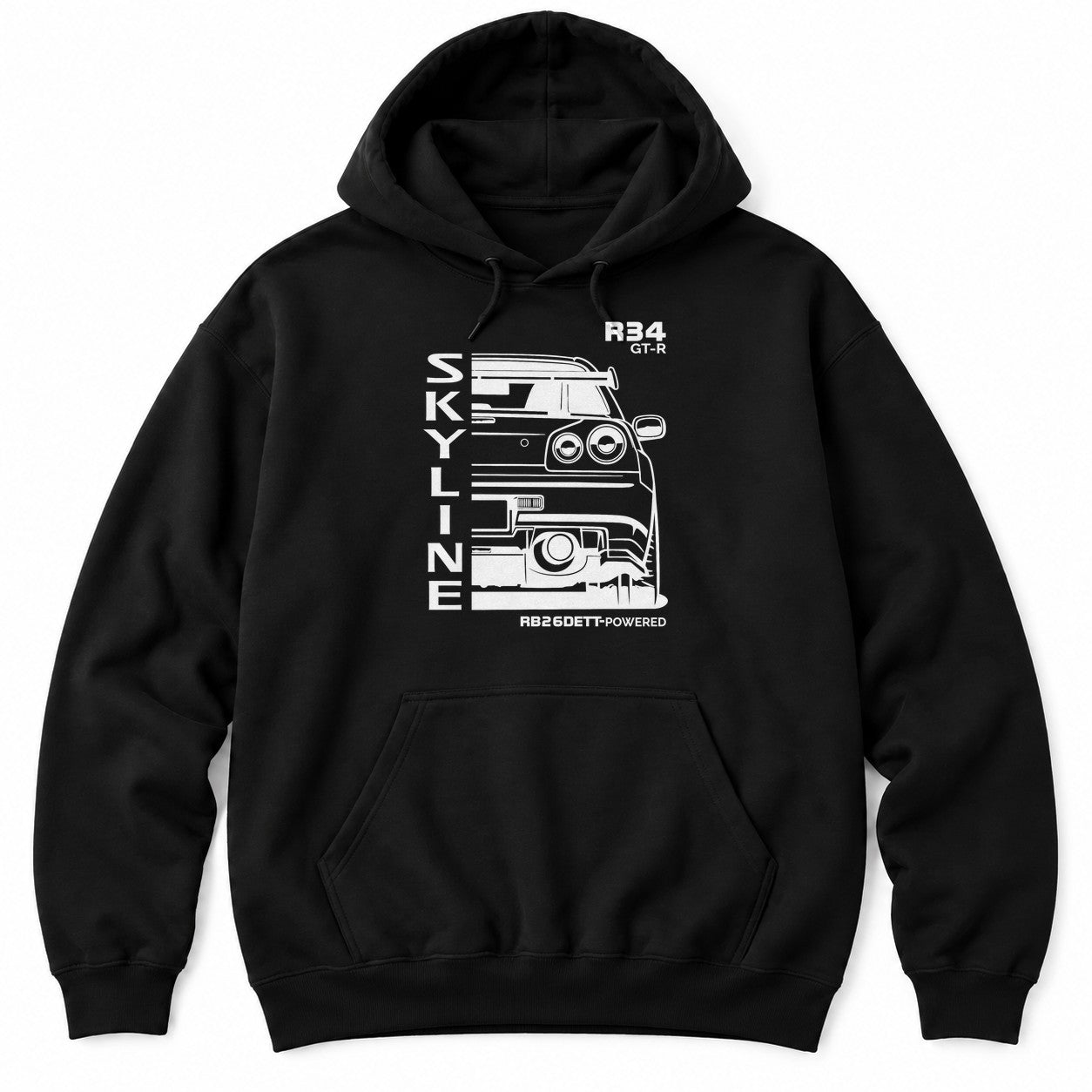 Black hoodie with a white rear-view line drawing of a 90s JDM sports car with round tail lights and vertical lettering