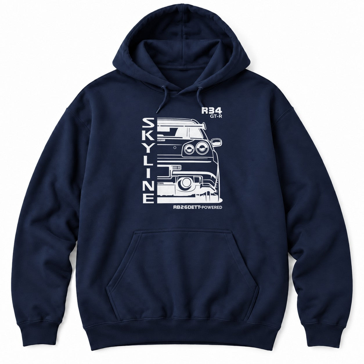 Navy hoodie with a white rear-view line drawing of a 90s JDM sports car with round tail lights and vertical lettering
