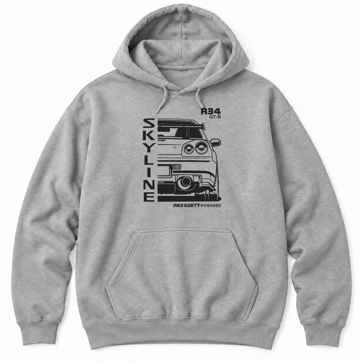 Sport Grey hoodie with a white rear-view line drawing of a 90s JDM sports car with round tail lights and vertical lettering