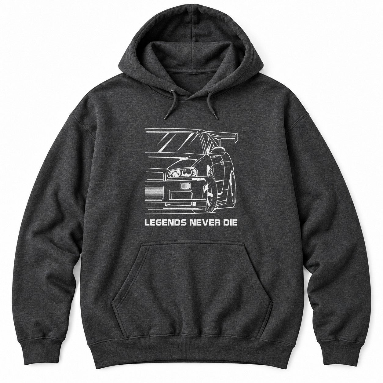 Dark Heather hoodie with a white line drawing of a 90s JDM sports car front end with a tall wing and LEGENDS NEVER DIE