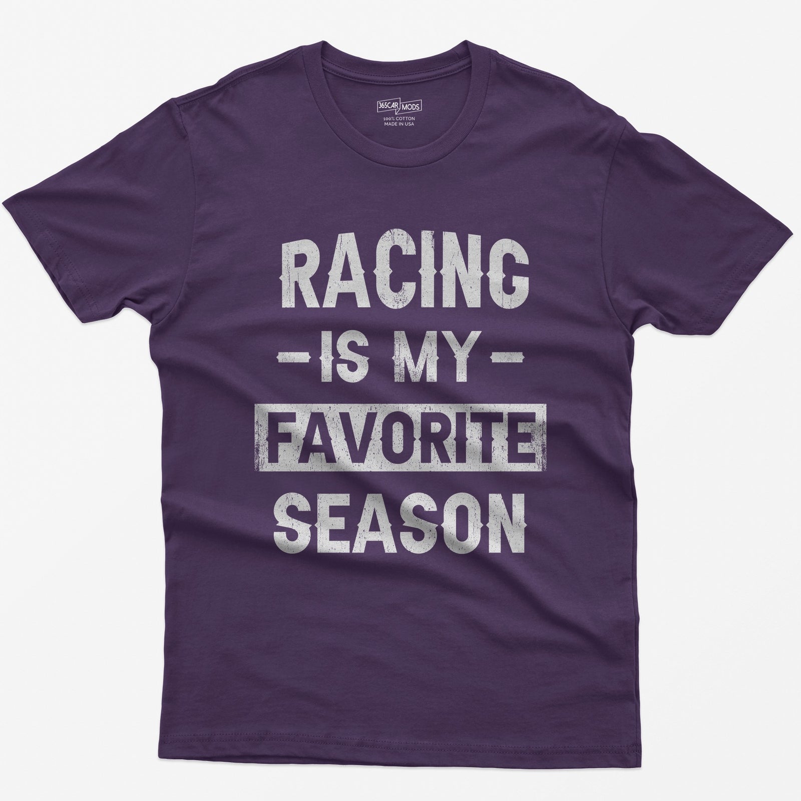 Purple t-shirt with distressed block text Racing Is My Favorite Season, Favorite in a box