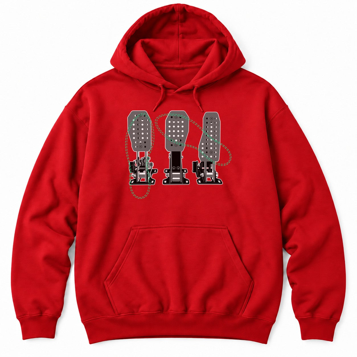 Red hoodie with a detailed drawing of three racing pedals crossed by green dashed loops