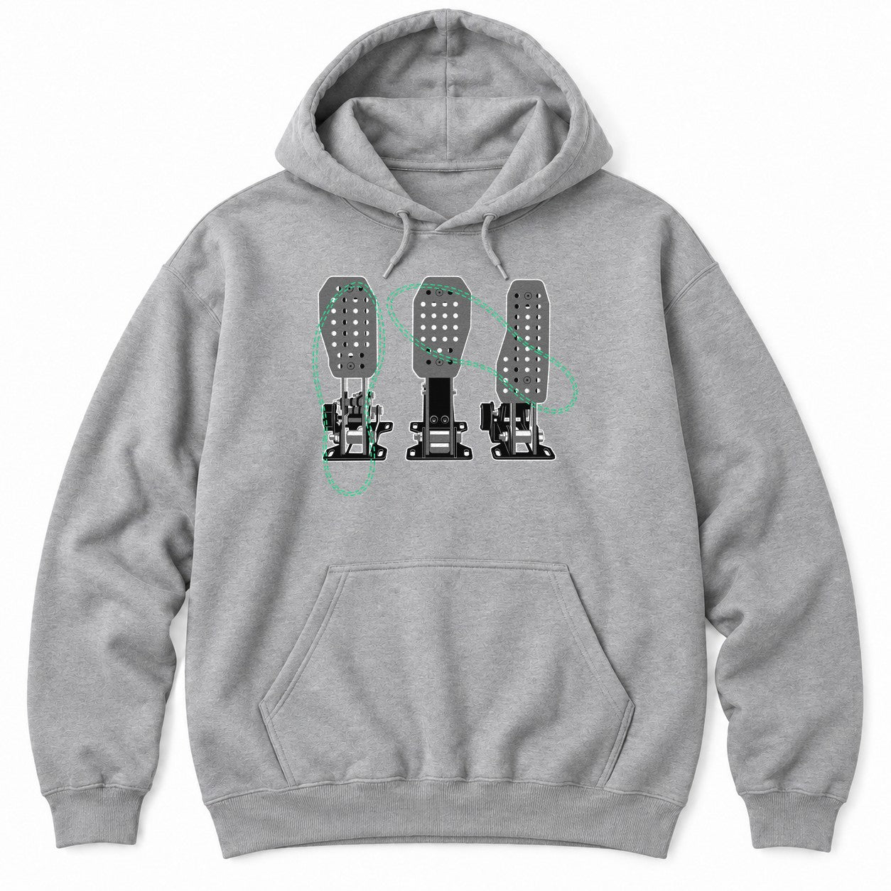 Sport Grey hoodie with a detailed drawing of three racing pedals crossed by green dashed loops