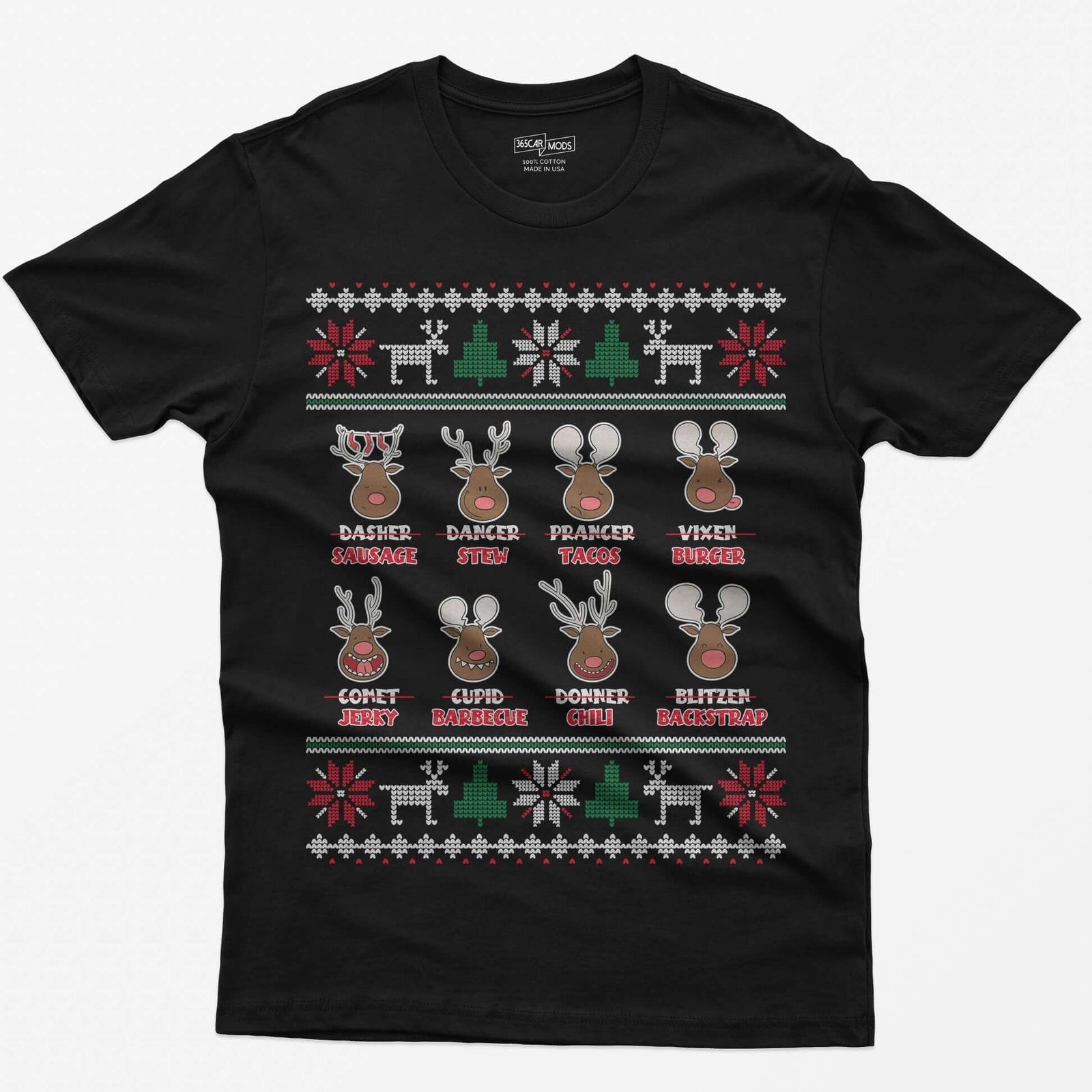 Black t-shirt with eight cartoon reindeer, each name crossed out and replaced with a menu item like sausage, stew or jerky