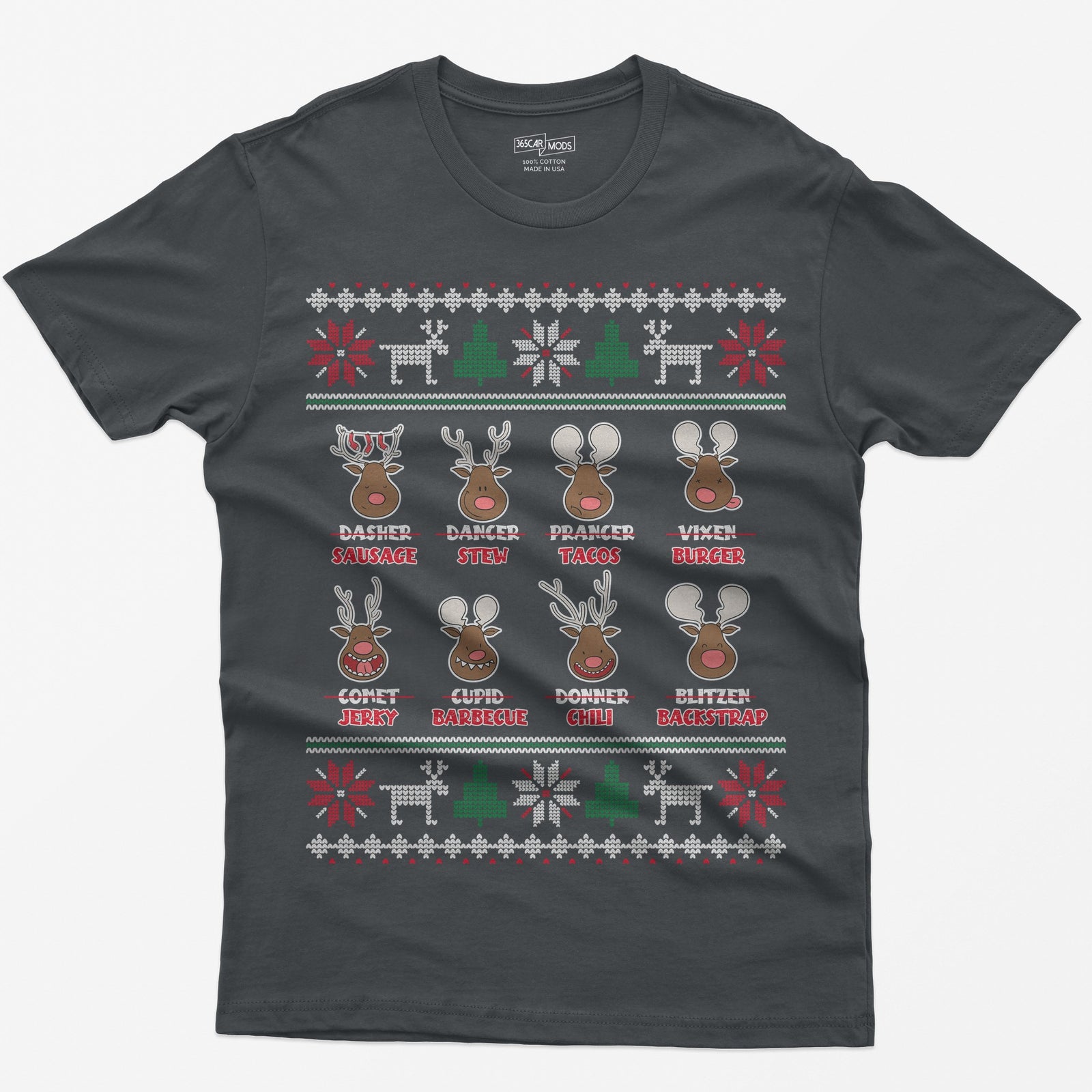 Charcoal t-shirt with eight cartoon reindeer, each name crossed out and replaced with a menu item like sausage, stew or jerky