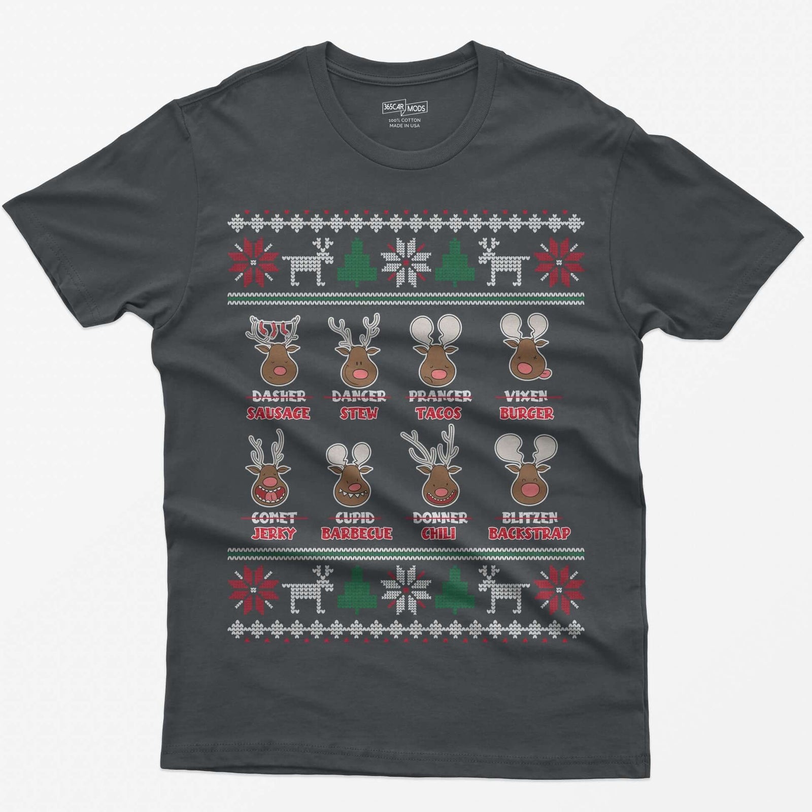 Charcoal t-shirt with eight cartoon reindeer, each name crossed out and replaced with a menu item like sausage, stew or jerky