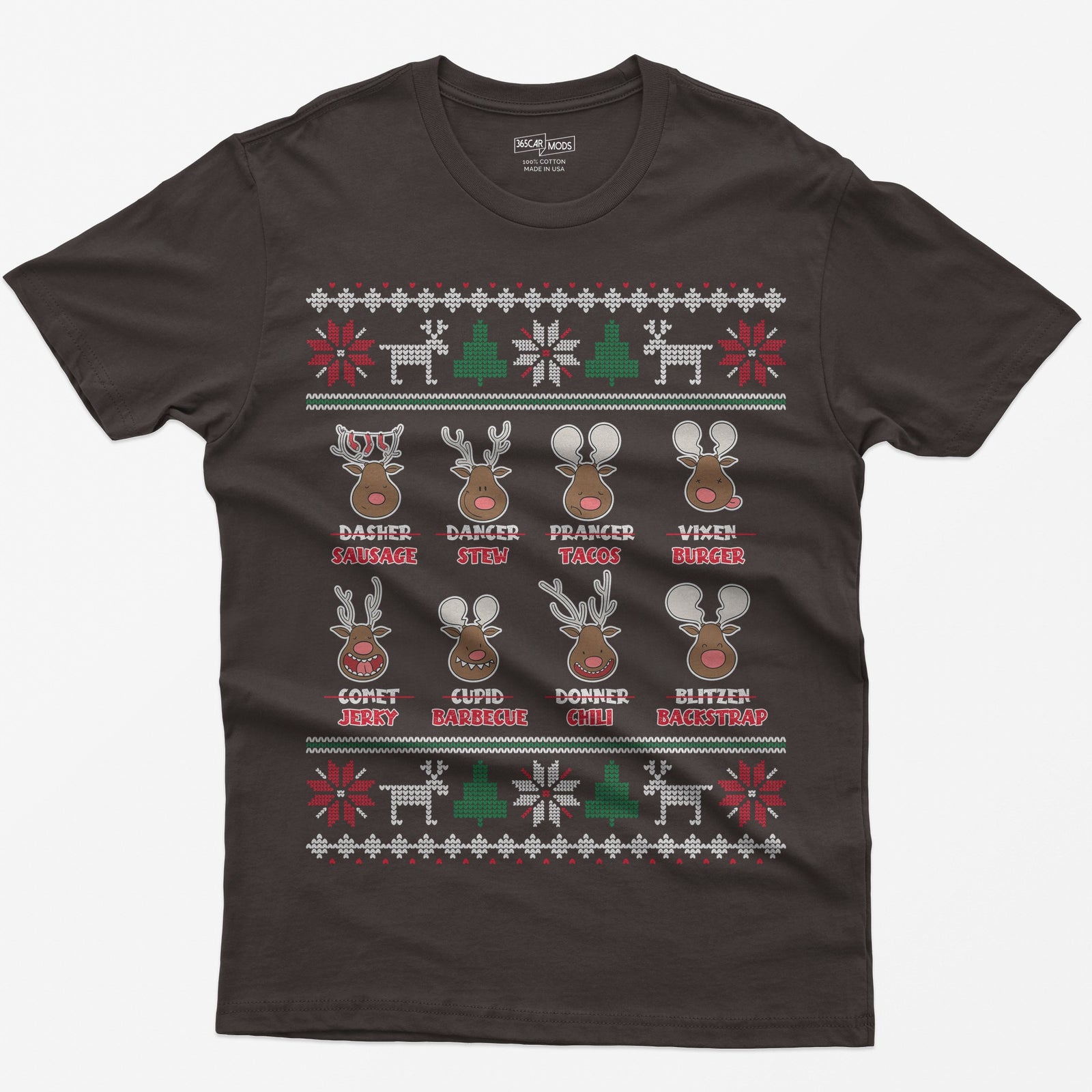 Dark Chocolate t-shirt with eight cartoon reindeer, each name crossed out and replaced with a menu item like sausage, stew or jerky