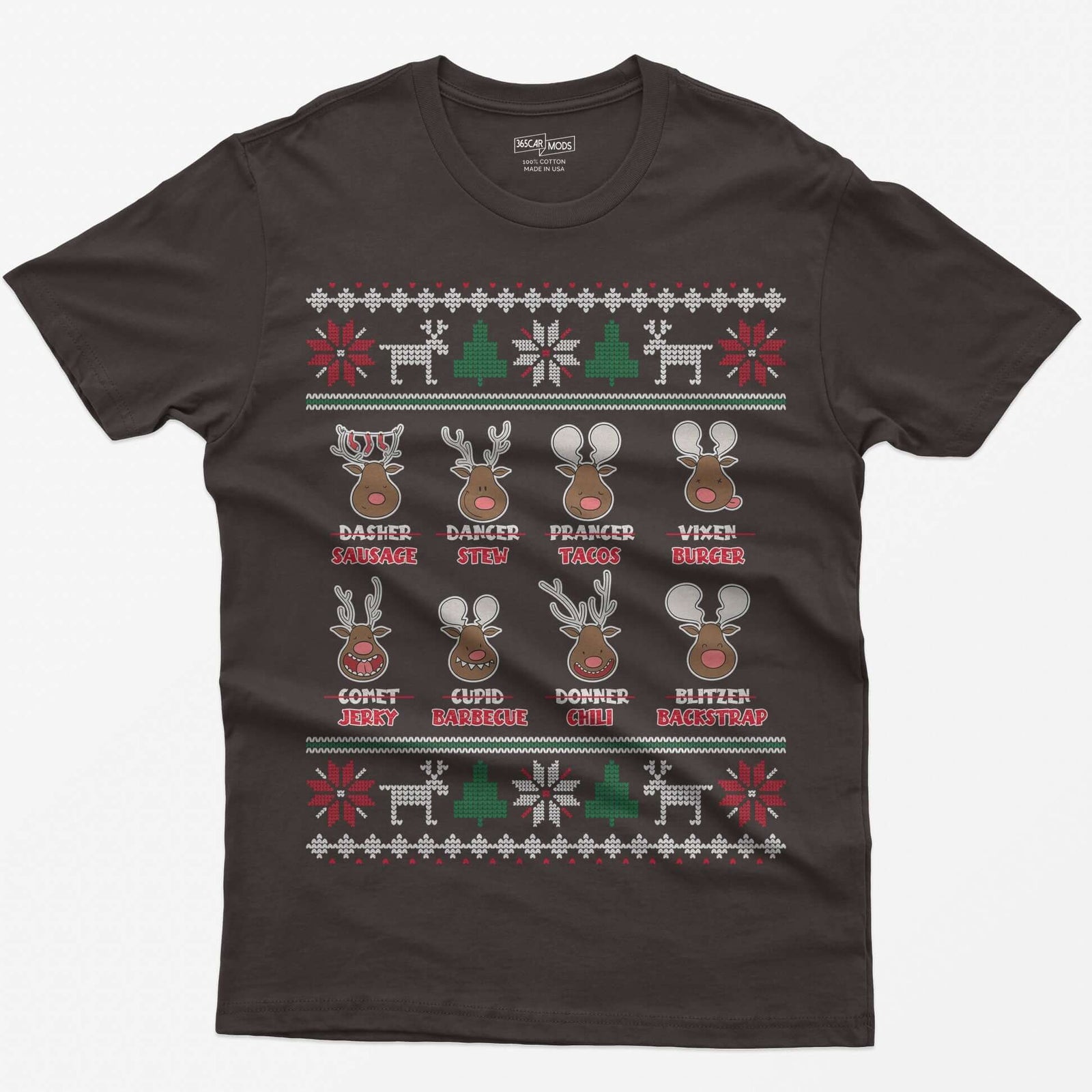 Dark Chocolate t-shirt with eight cartoon reindeer, each name crossed out and replaced with a menu item like sausage, stew or jerky