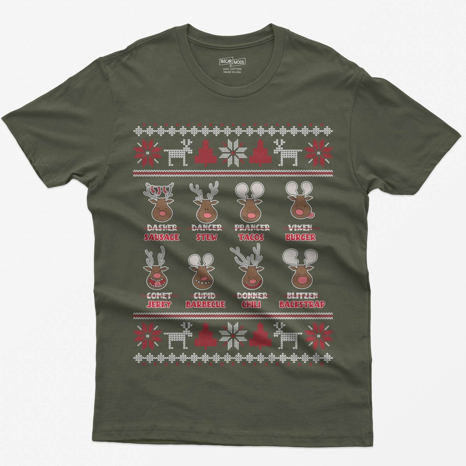 Military Green t-shirt with eight cartoon reindeer, each name crossed out and replaced with a menu item like sausage, stew or jerky
