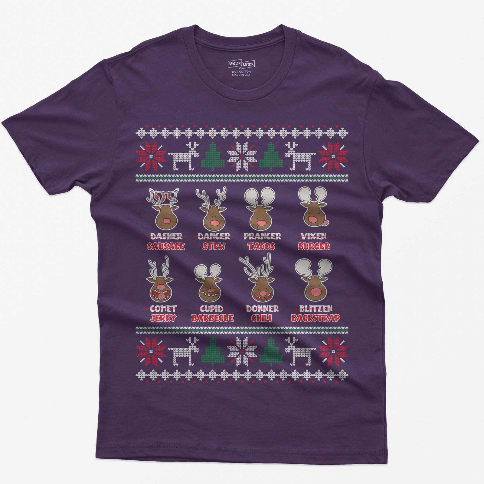 Purple t-shirt with eight cartoon reindeer, each name crossed out and replaced with a menu item like sausage, stew or jerky