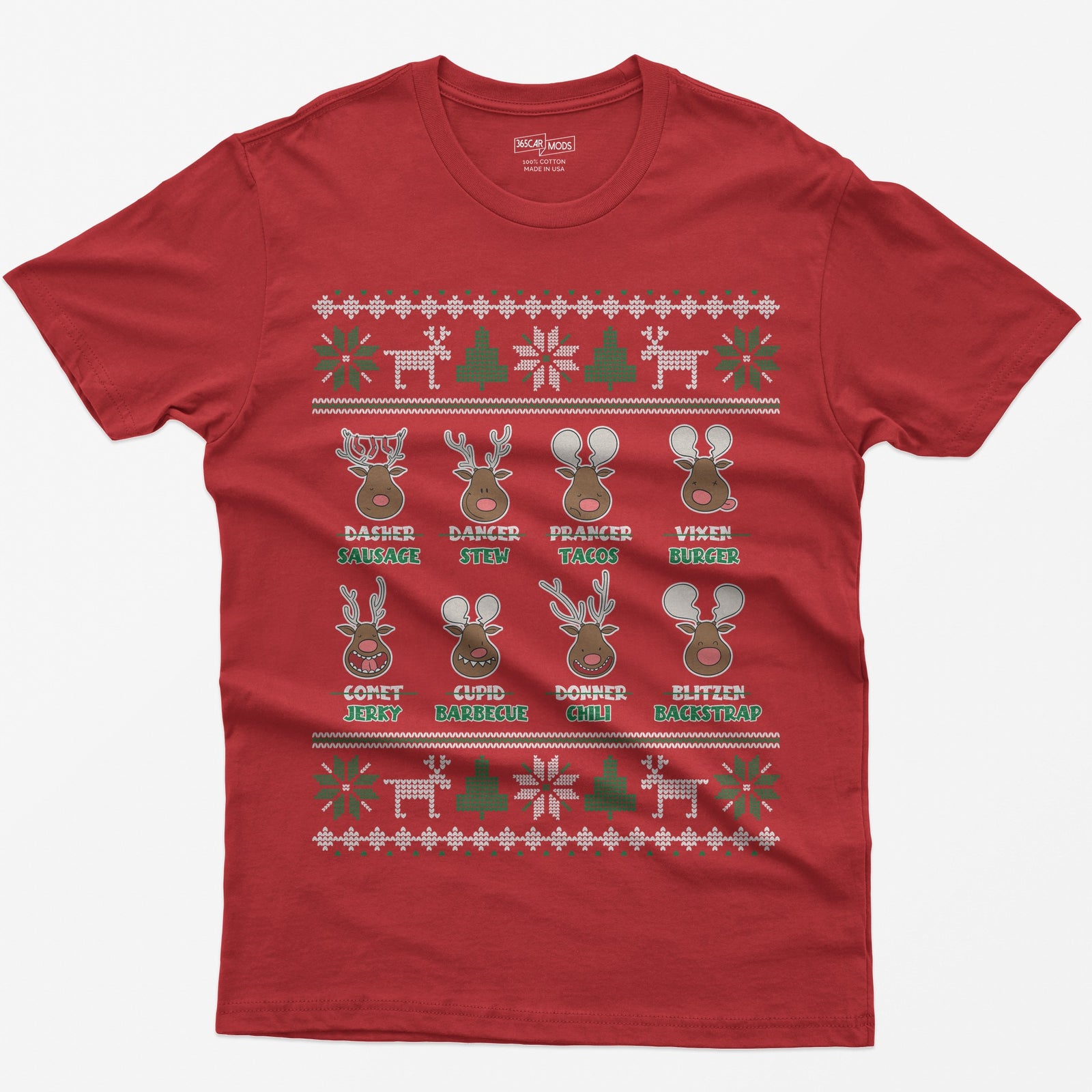 Red t-shirt with eight cartoon reindeer, each name crossed out and replaced with a menu item like sausage, stew or jerky