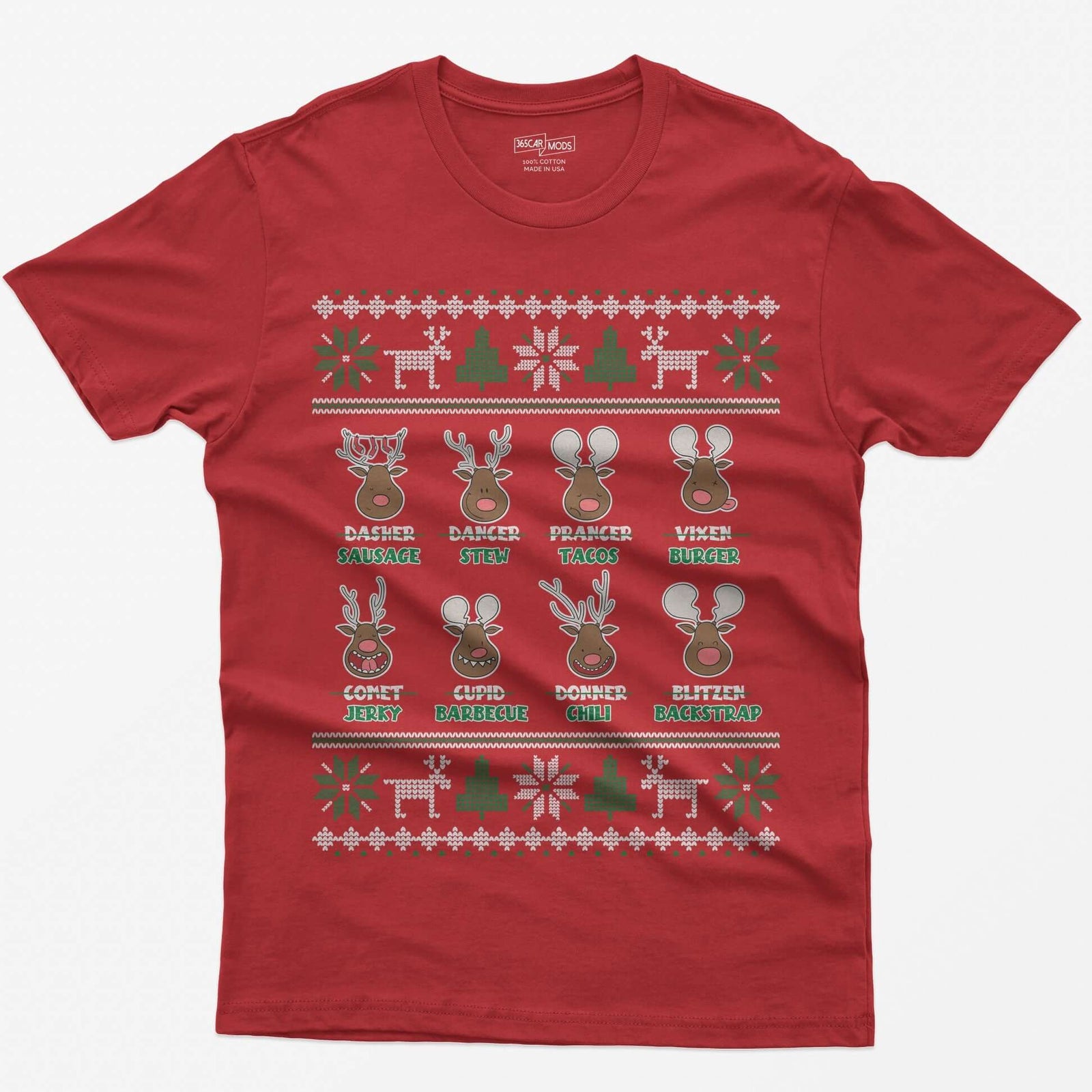 Red t-shirt with eight cartoon reindeer, each name crossed out and replaced with a menu item like sausage, stew or jerky