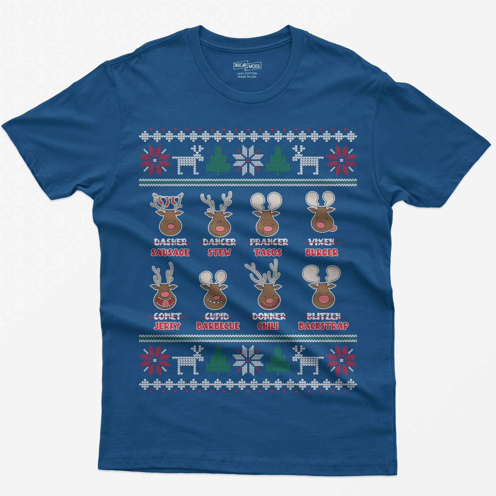 Royal t-shirt with eight cartoon reindeer, each name crossed out and replaced with a menu item like sausage, stew or jerky