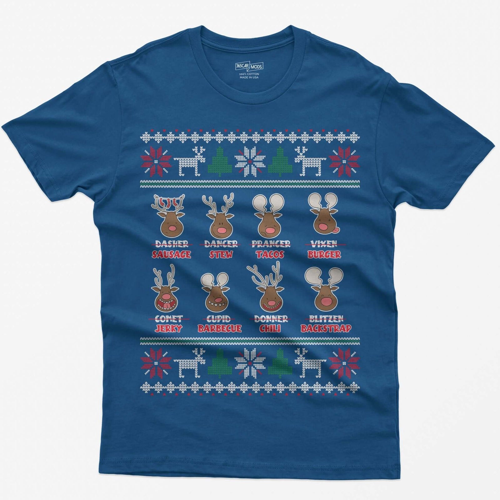 Royal t-shirt with eight cartoon reindeer, each name crossed out and replaced with a menu item like sausage, stew or jerky