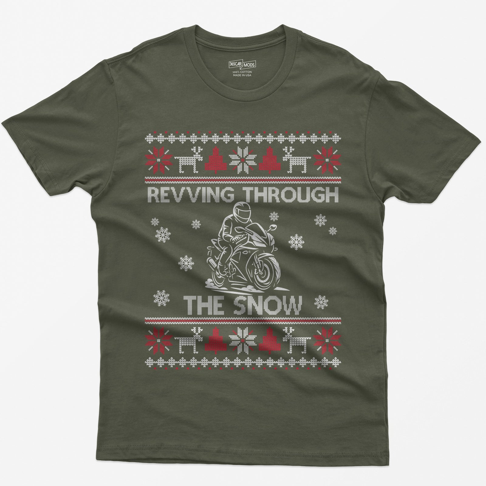 Revving Through the Snow Sportbike Christmas T-Shirt - Military Green