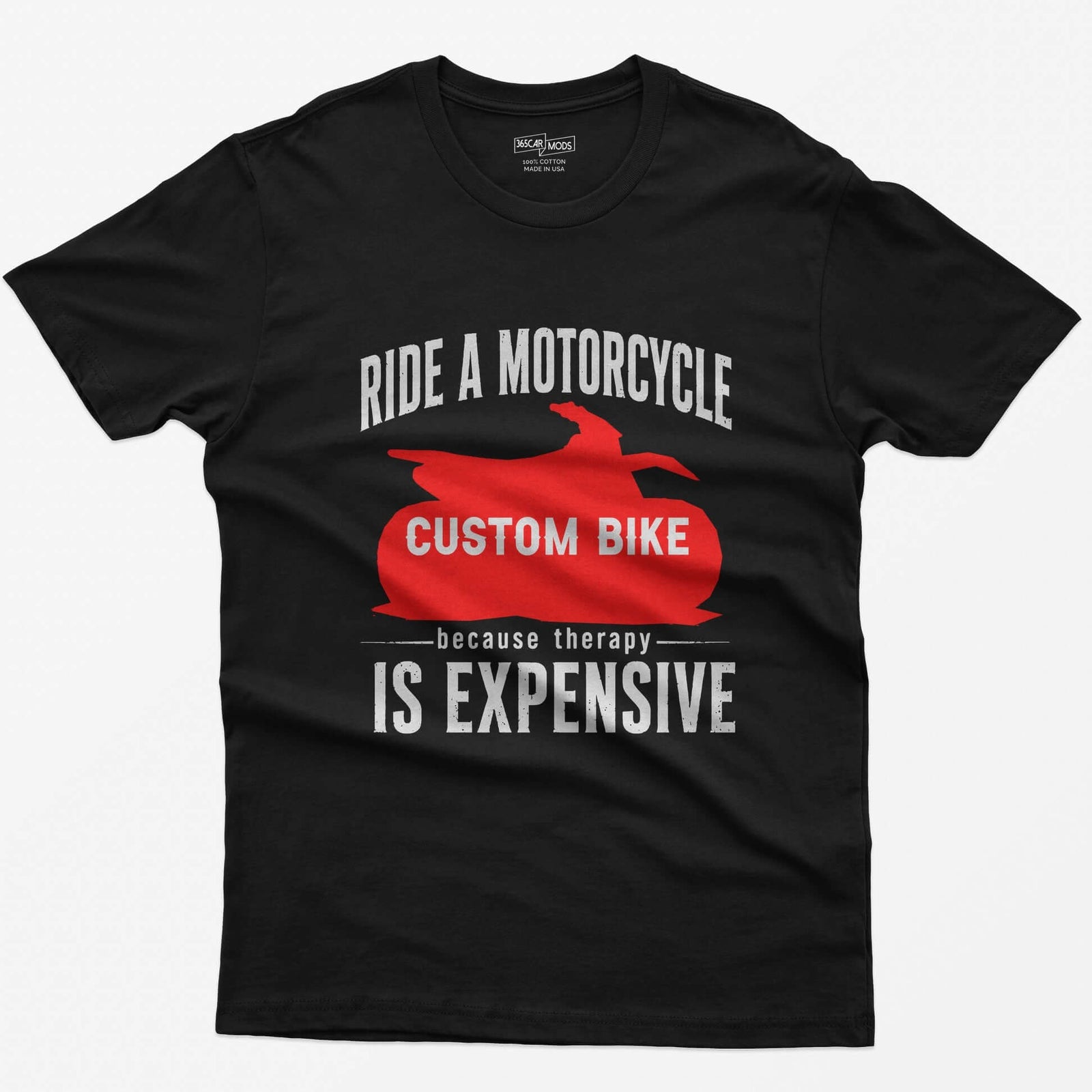 Black t-shirt with Ride a Motorcycle Because Therapy Is Expensive and a red motorcycle silhouette customized to your bike