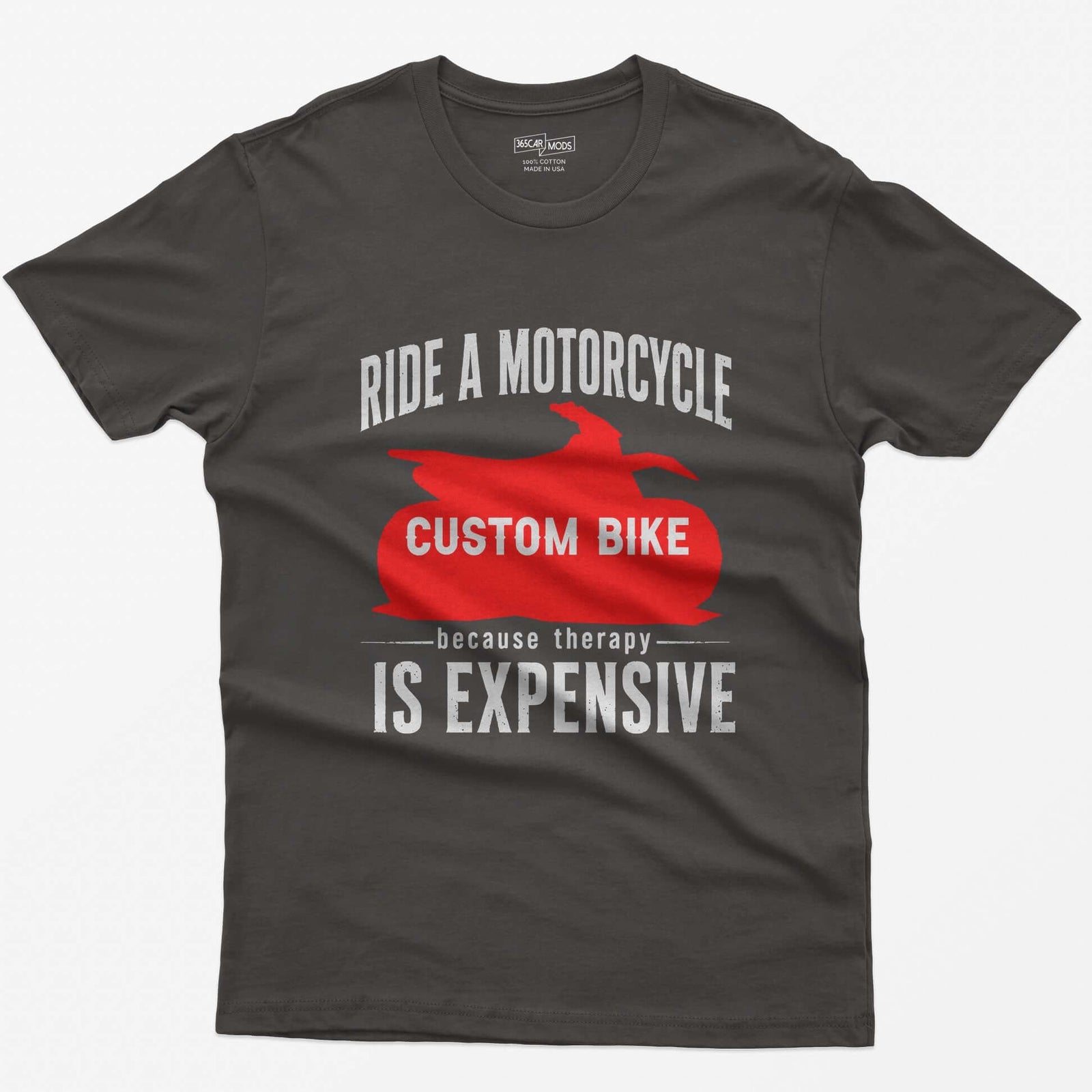 Dark Heather t-shirt with Ride a Motorcycle Because Therapy Is Expensive and a red motorcycle silhouette customized to your bike