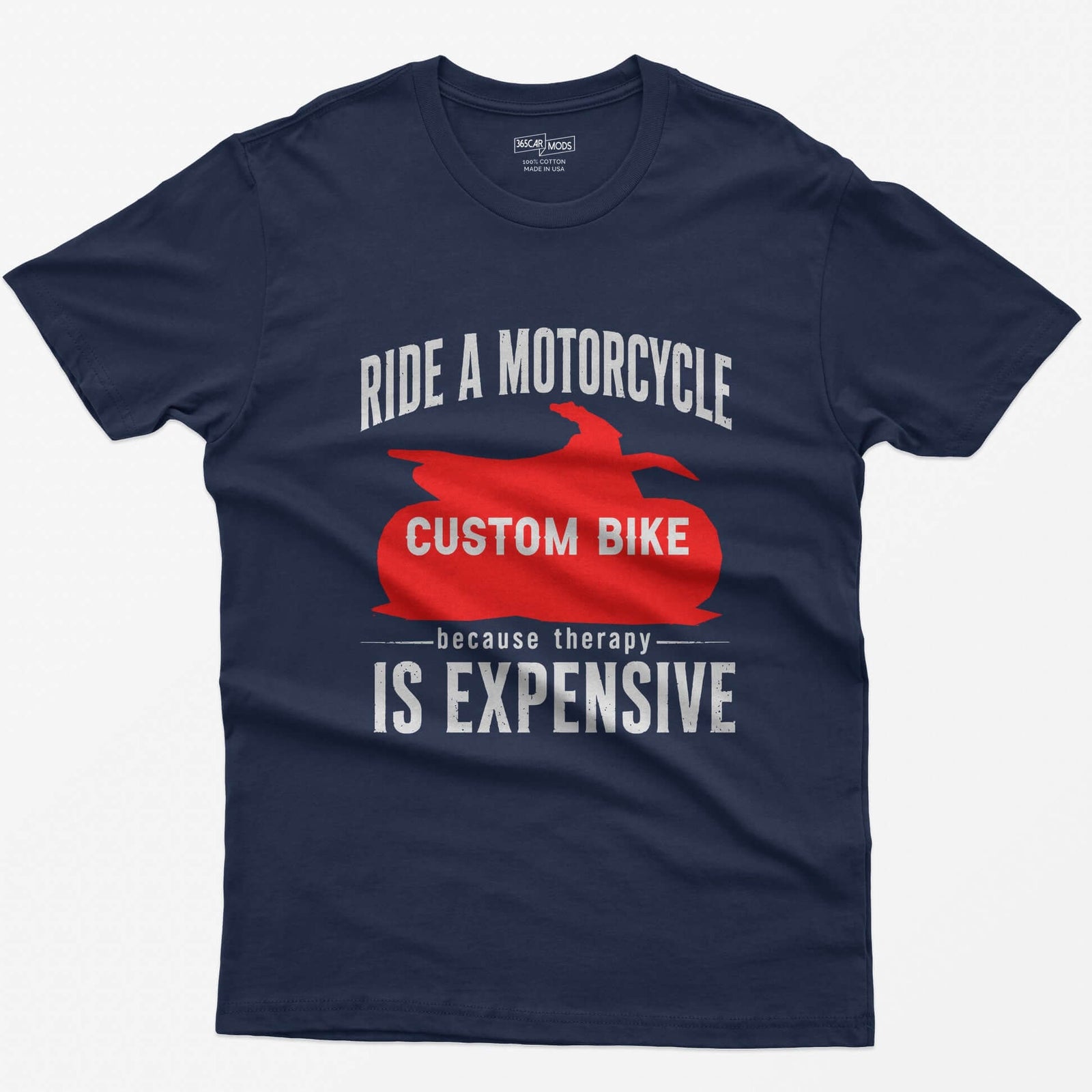 Navy t-shirt with Ride a Motorcycle Because Therapy Is Expensive and a red motorcycle silhouette customized to your bike