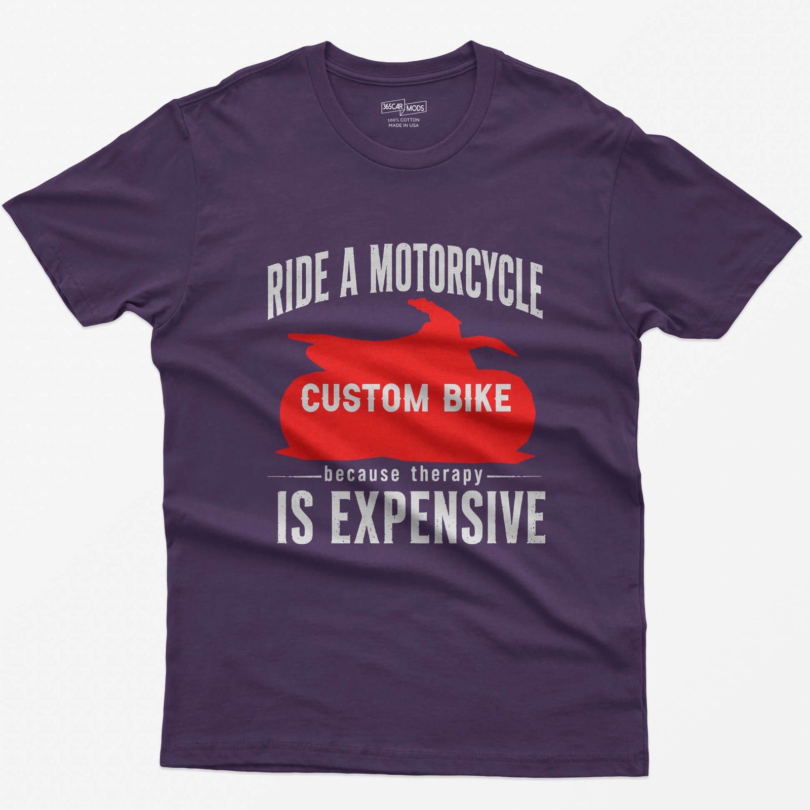 Purple t-shirt with Ride a Motorcycle Because Therapy Is Expensive and a red motorcycle silhouette customized to your bike
