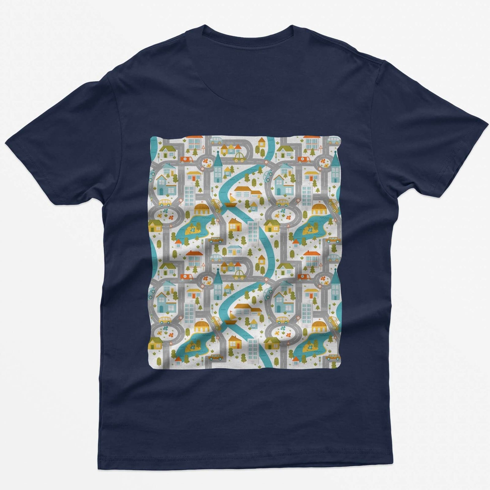 Back of a navy t-shirt with a toy car play mat print of roads, a river and a small town