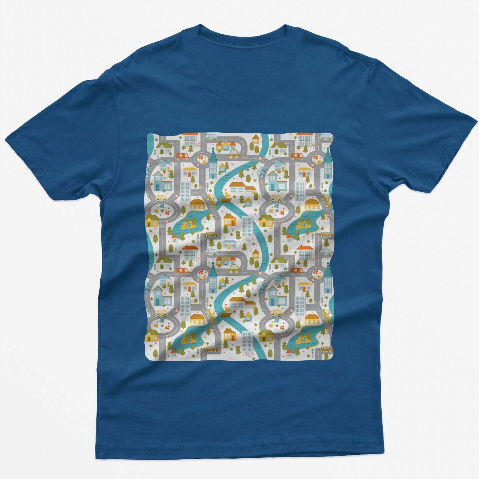 Back of a royal blue t-shirt with a toy car play mat print of roads, a river and a small town