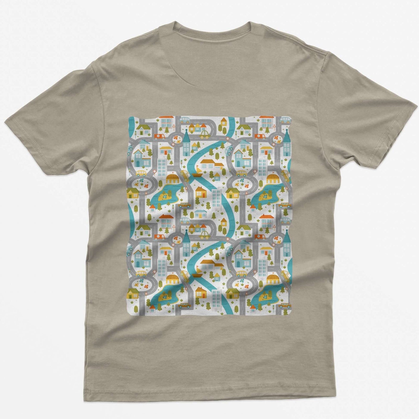 Back of a sand t-shirt with a toy car play mat print of roads, a river and a small town