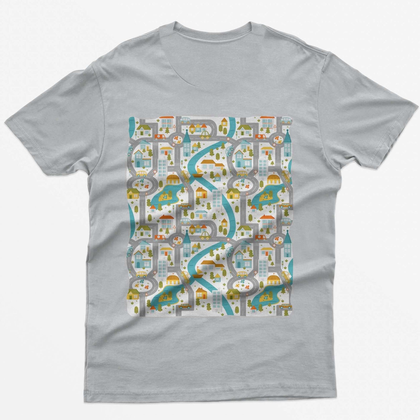 Back of a sport grey t-shirt with a toy car play mat print of roads, a river and a small town