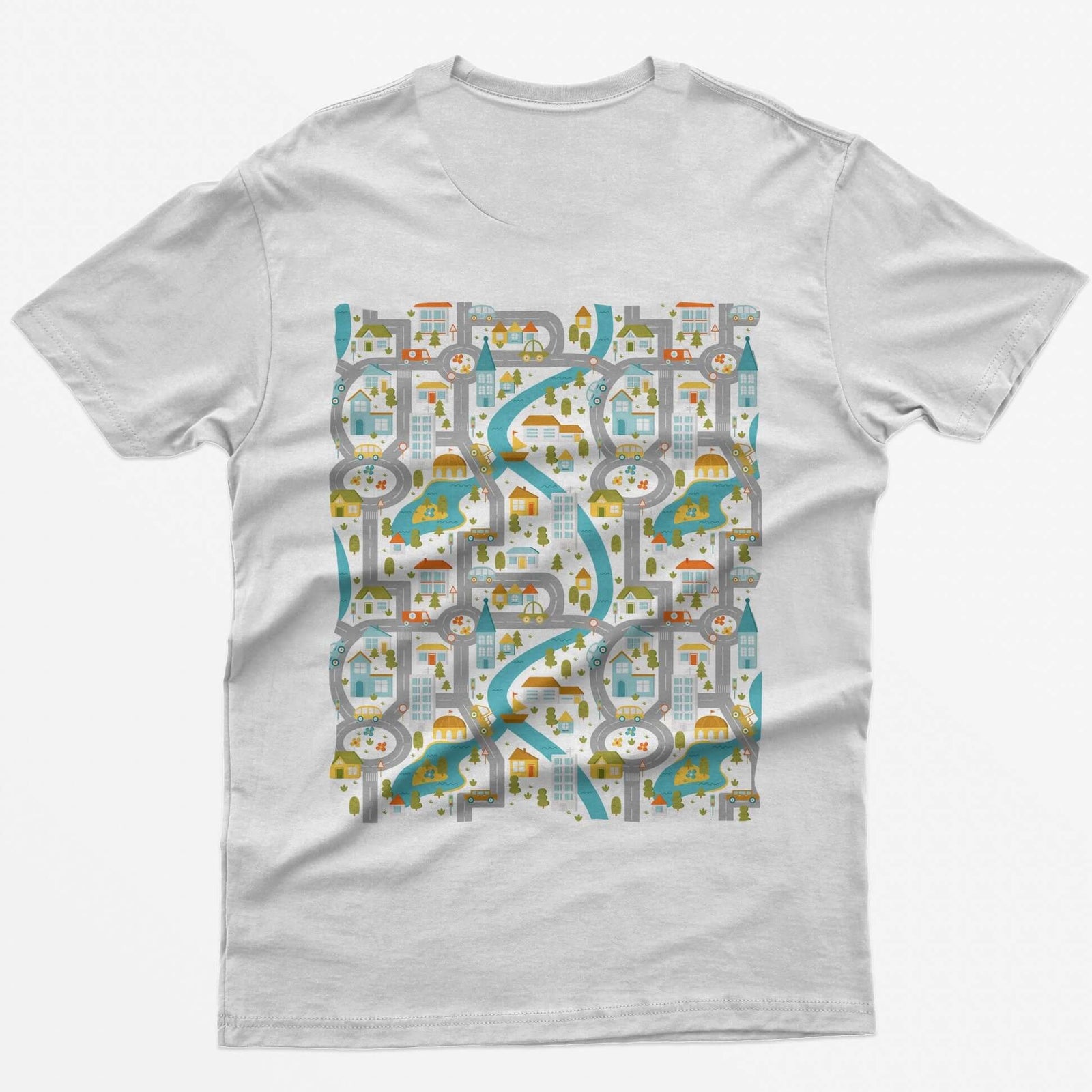 Back of a white t-shirt with a toy car play mat print of roads, a river and a small town