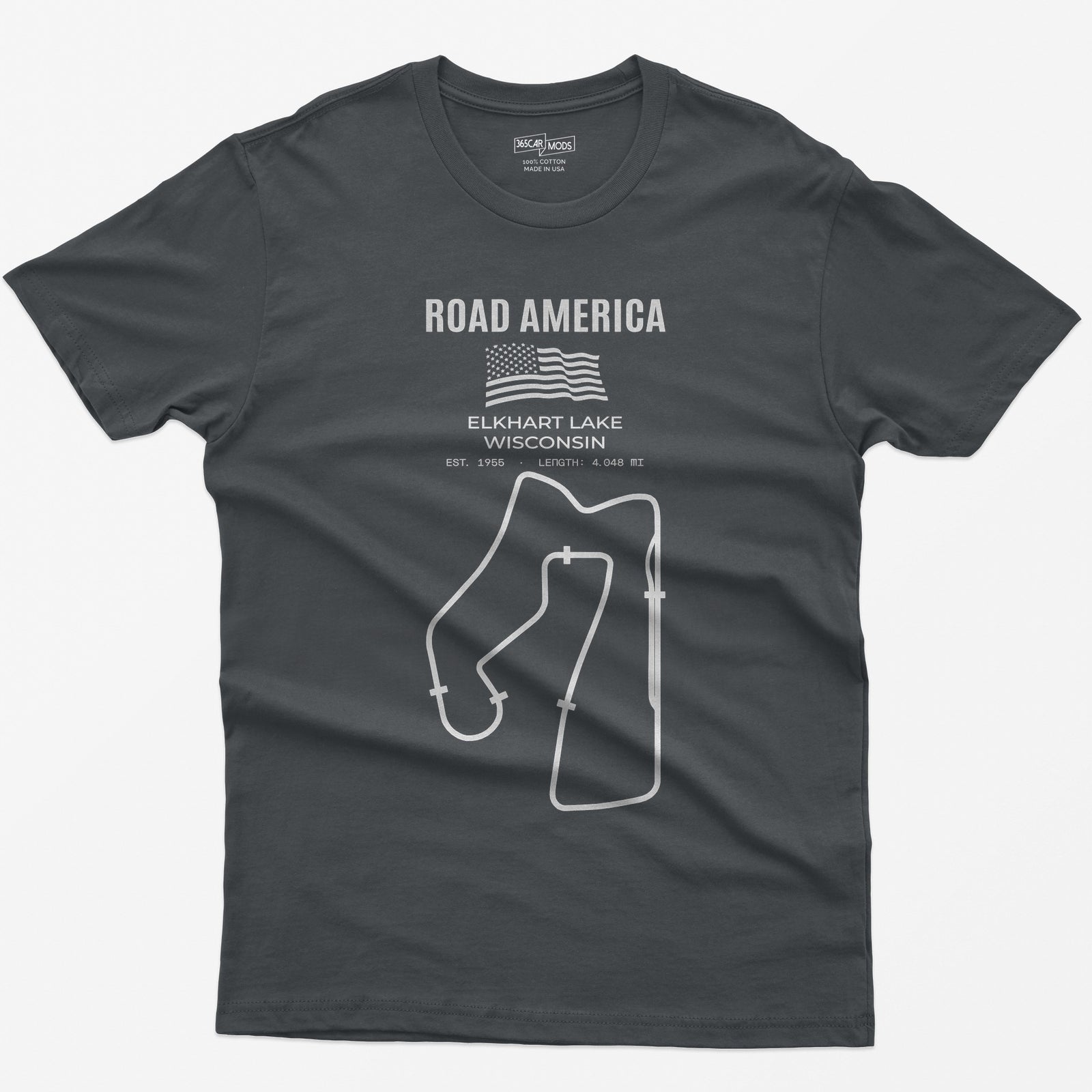 Charcoal t-shirt with Road America print, American flag, Elkhart Lake Wisconsin lettering and the full race circuit outline