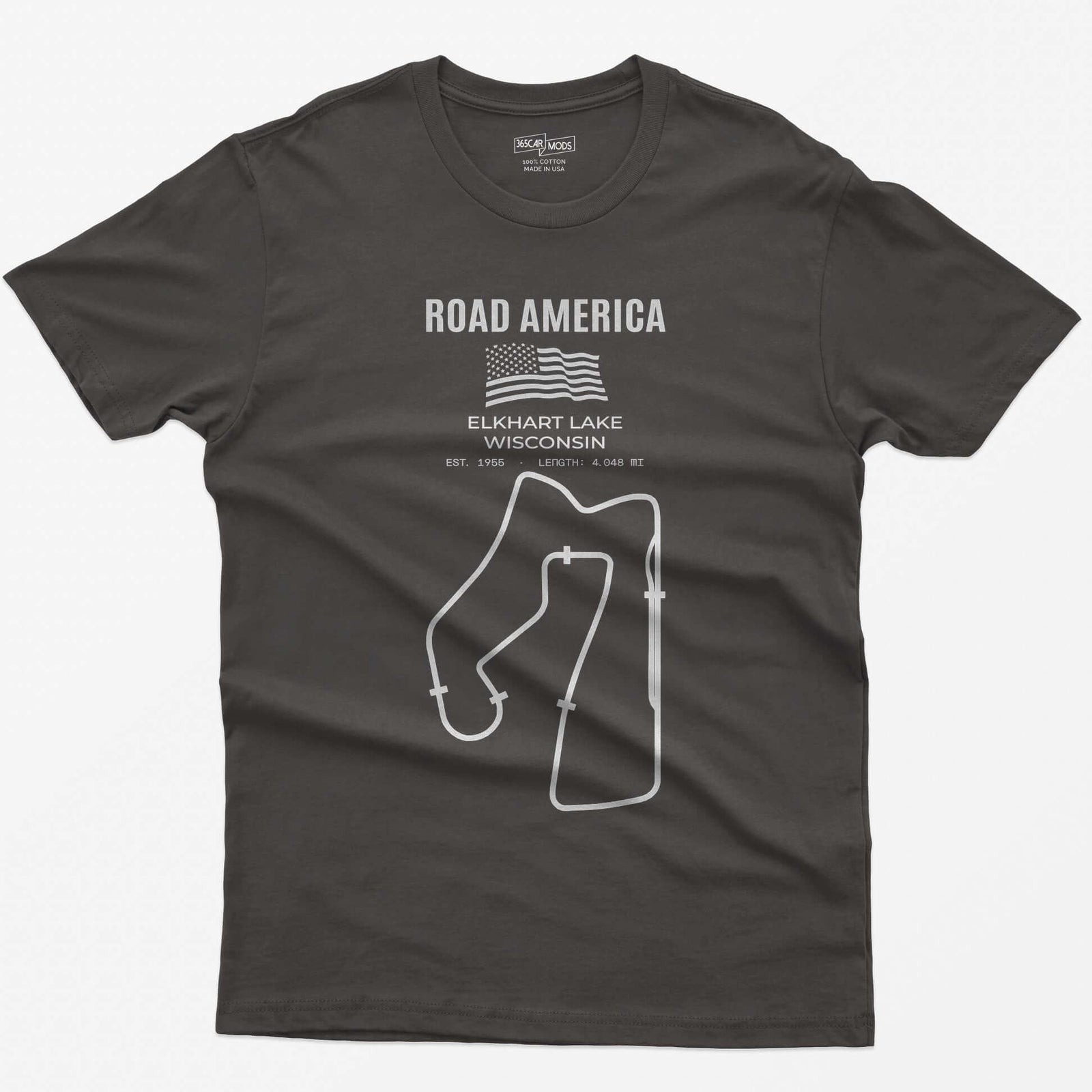 Dark Heather t-shirt with Road America print, American flag, Elkhart Lake Wisconsin lettering and the full race circuit outline