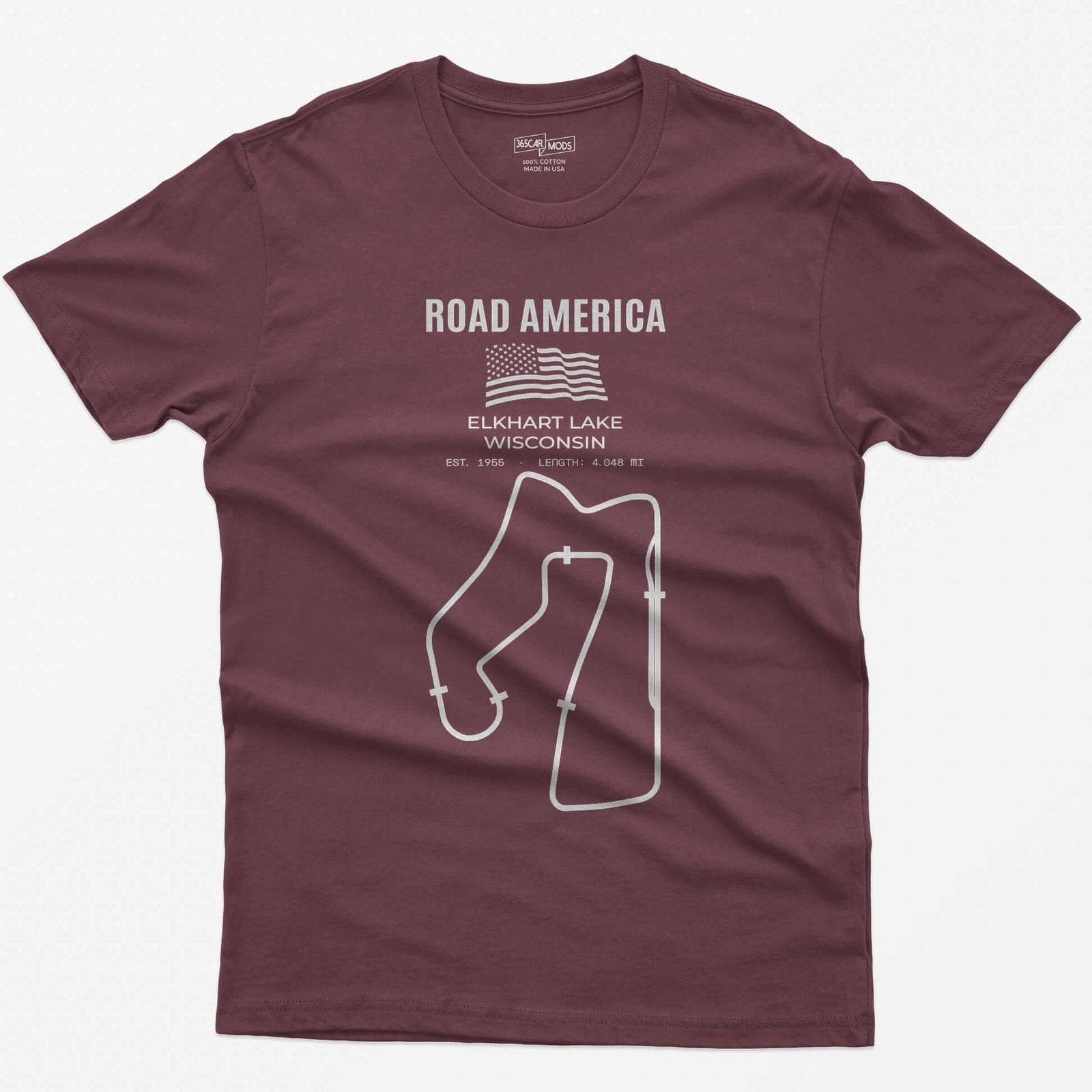 Maroon t-shirt with Road America print, American flag, Elkhart Lake Wisconsin lettering and the full race circuit outline