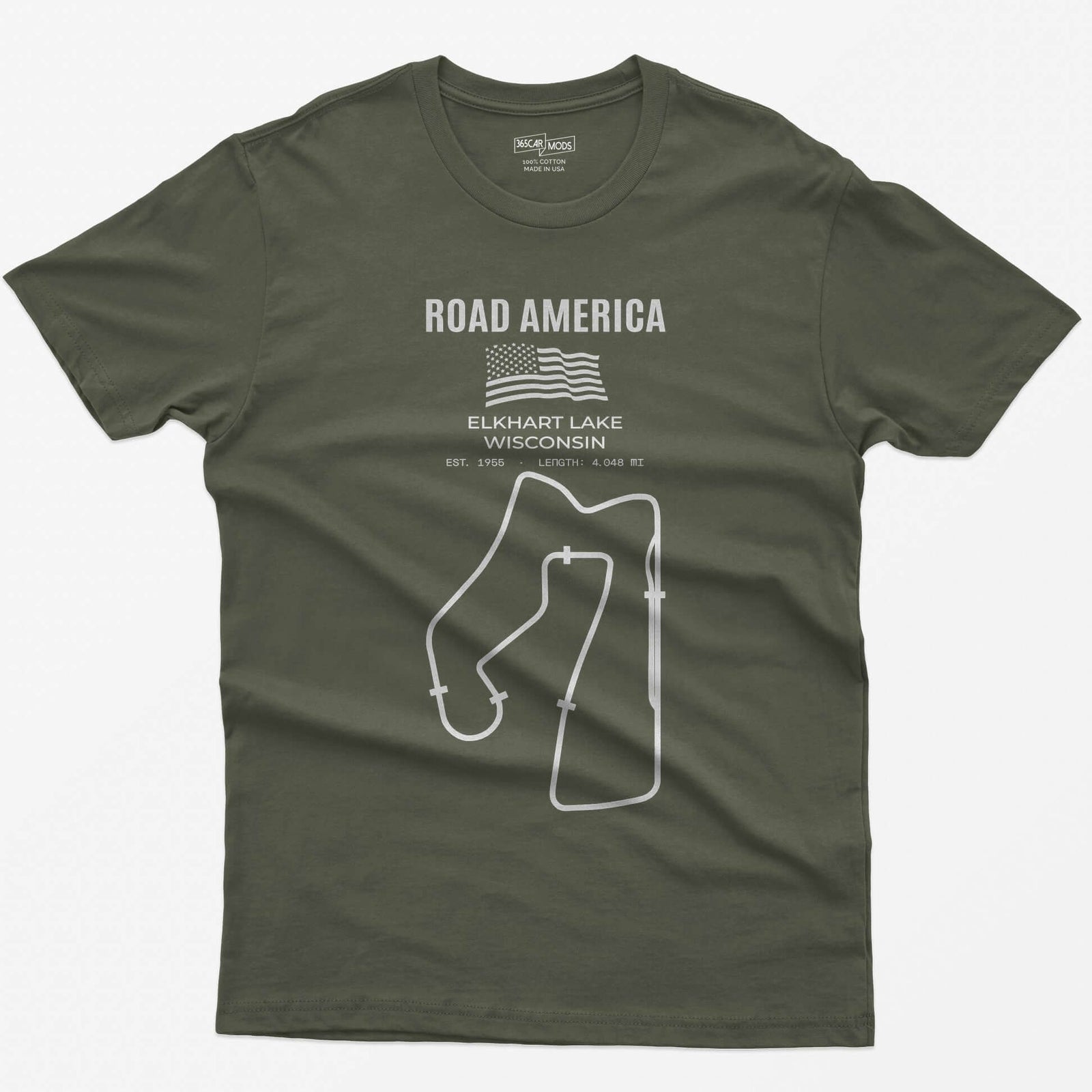 Military Green t-shirt with Road America print, American flag, Elkhart Lake Wisconsin lettering and the full race circuit outline