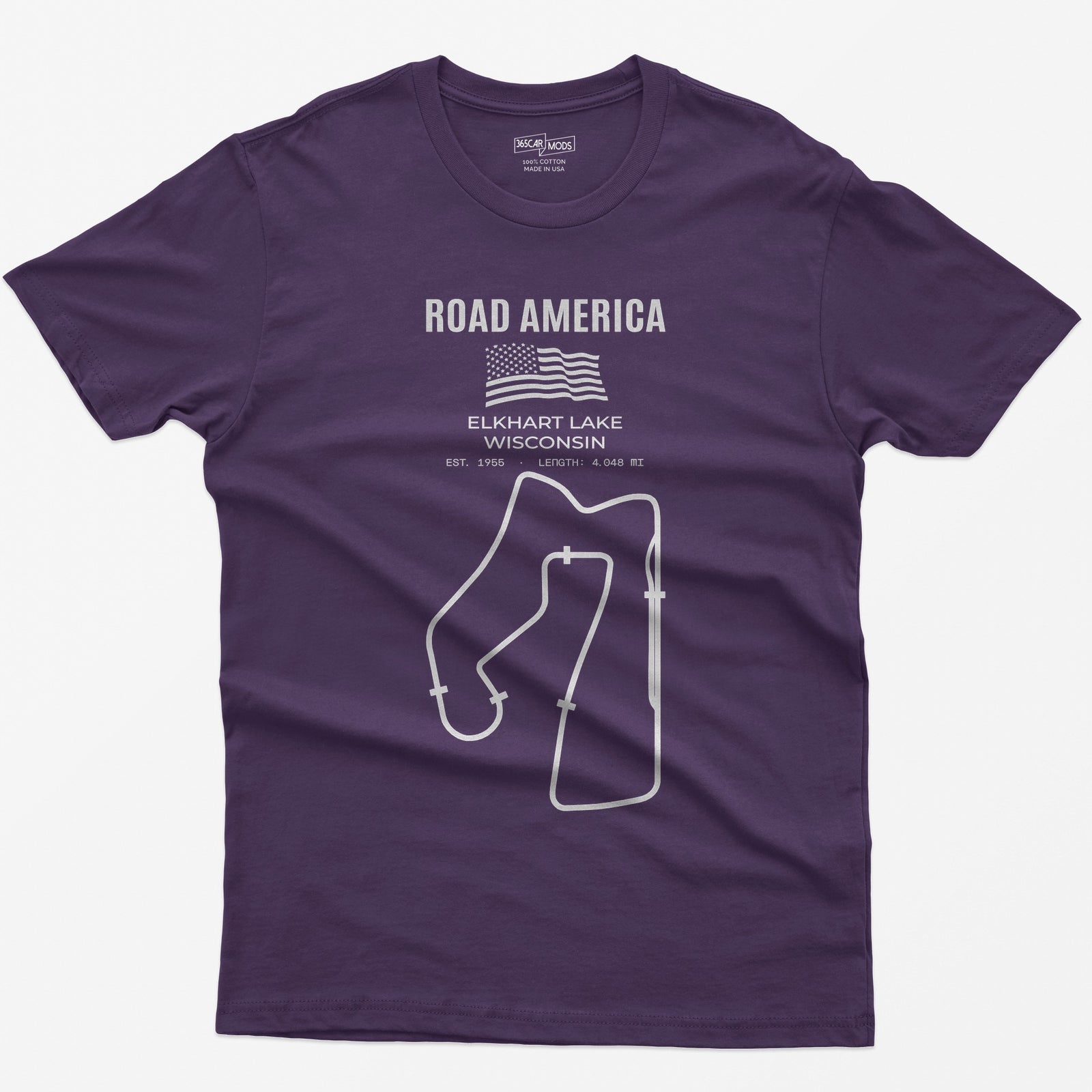 Purple t-shirt with Road America print, American flag, Elkhart Lake Wisconsin lettering and the full race circuit outline