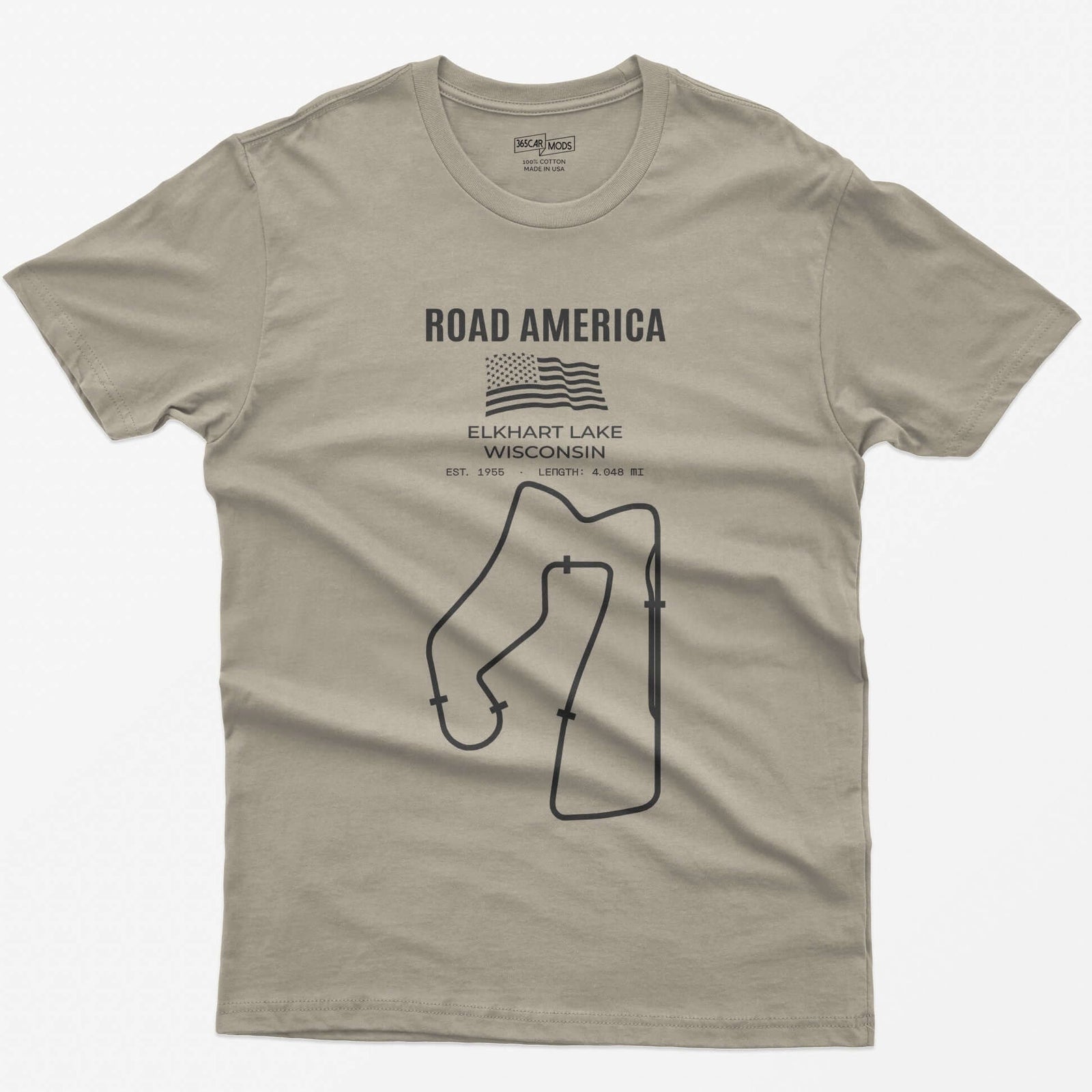 Sand t-shirt with Road America print, American flag, Elkhart Lake Wisconsin lettering and the full race circuit outline
