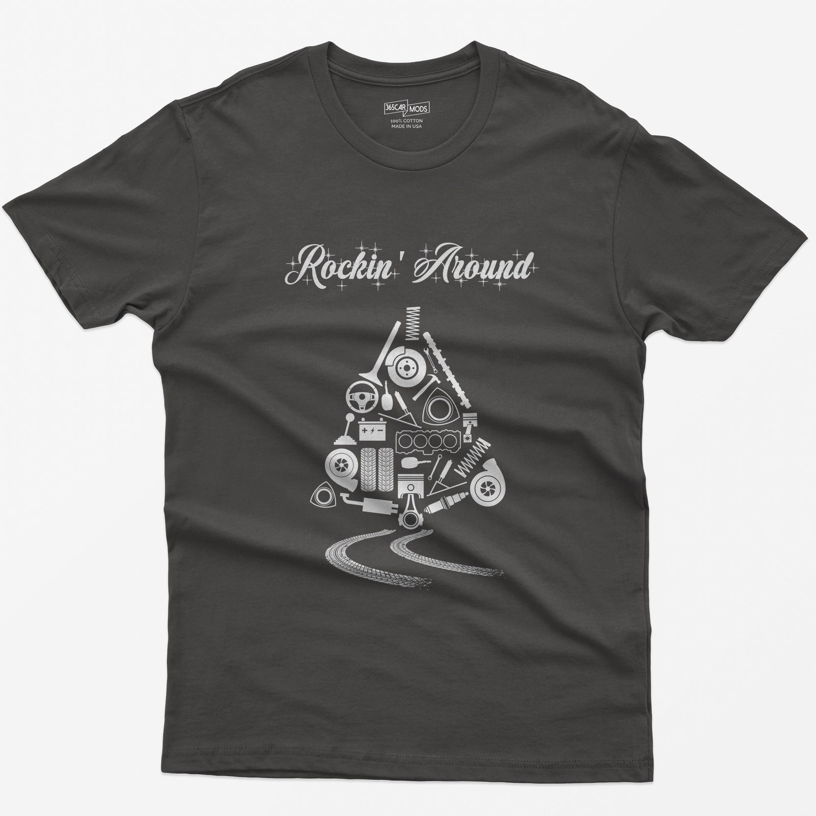 Rockin' Around Car Parts Christmas Tree T-Shirt - Dark Heather