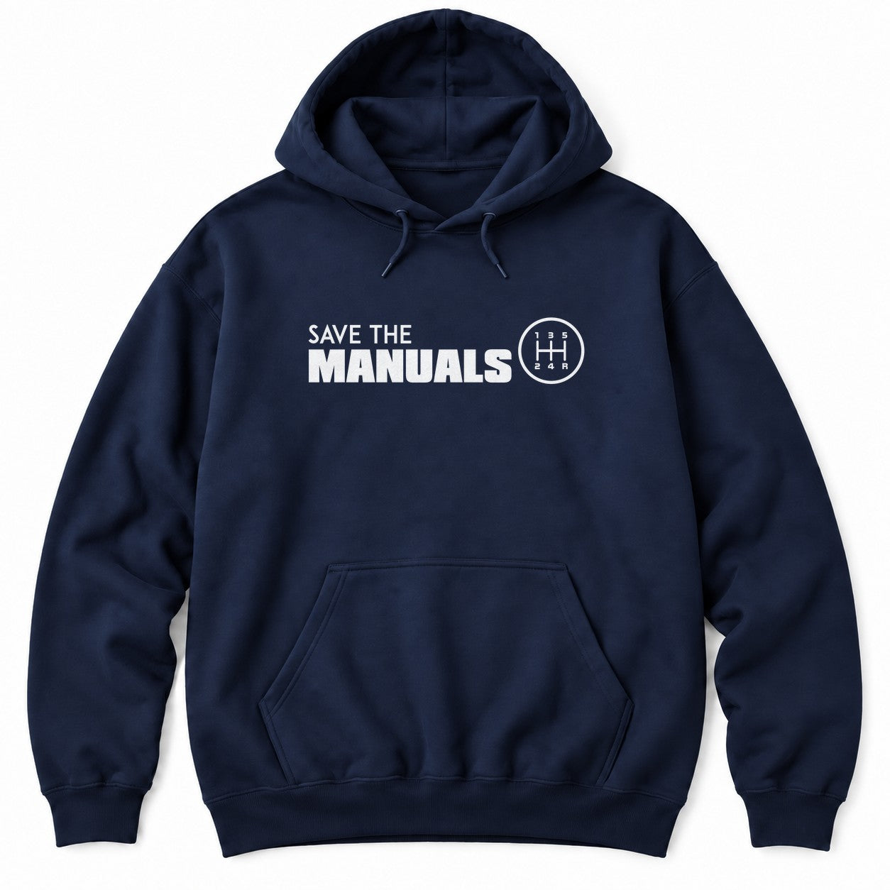 Navy hoodie with SAVE THE MANUALS in white next to a round five-speed manual shift pattern badge