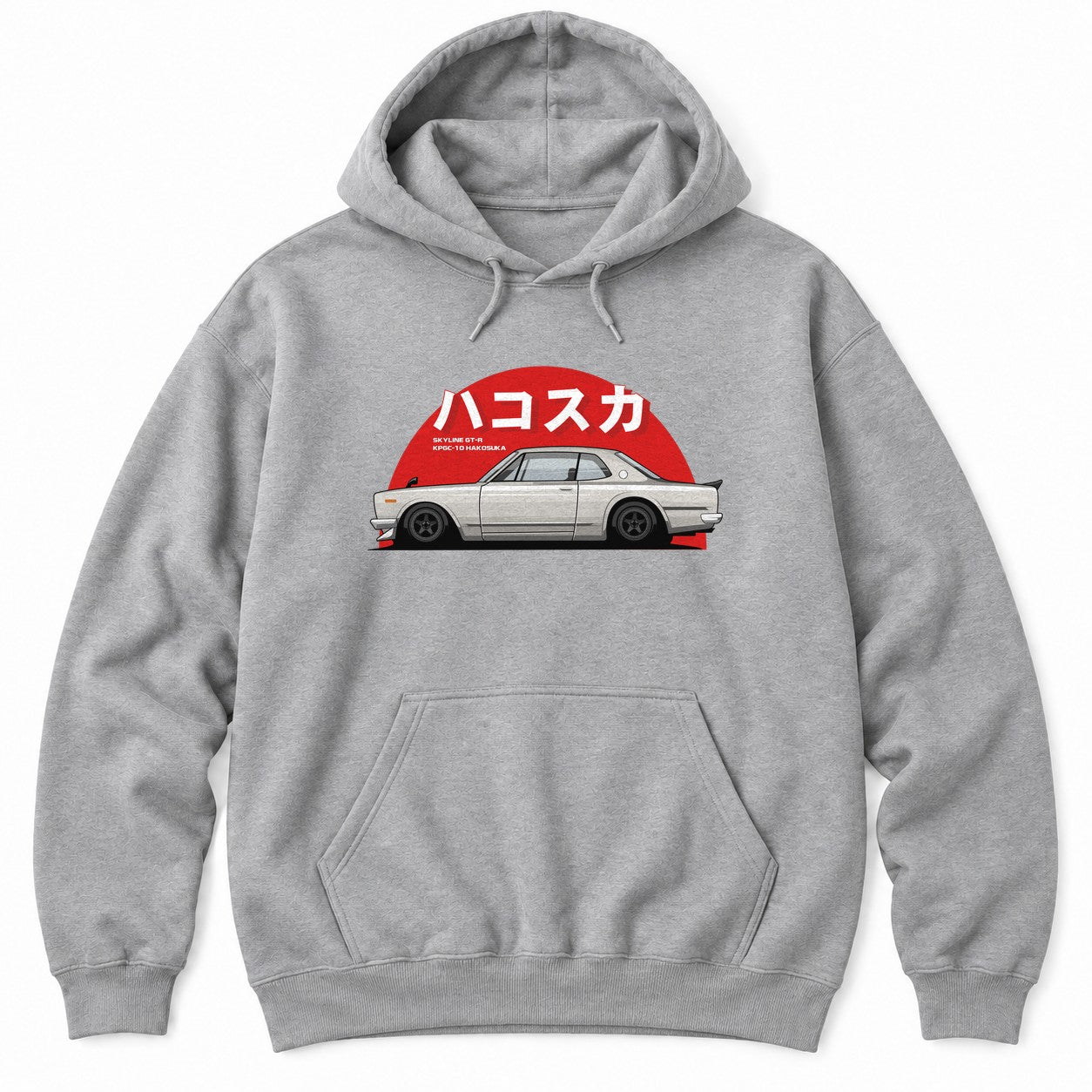Athletic Heather hoodie with a silver classic Japanese coupe in front of a red rising sun with big white katakana lettering