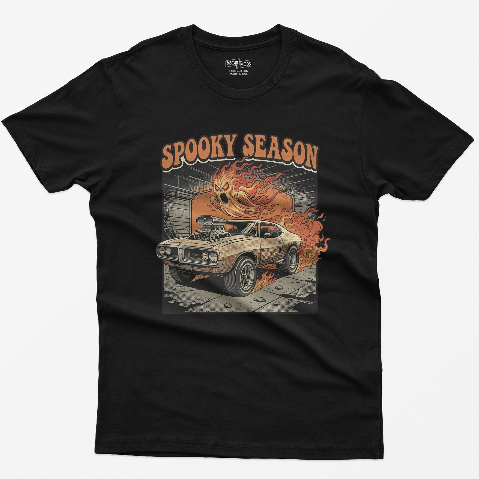 Spooky Season Flaming Muscle Car Ghost T-Shirt