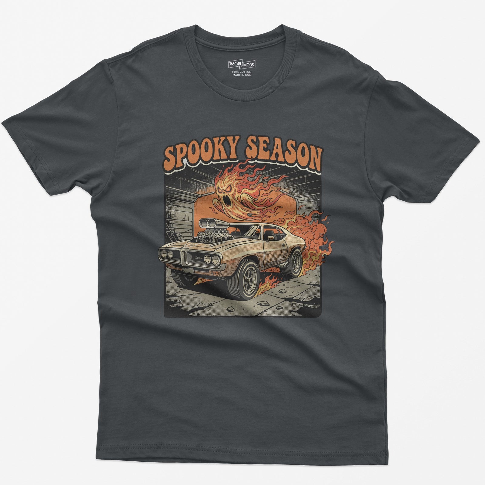 Spooky Season Flaming Muscle Car Ghost T-Shirt - Charcoal