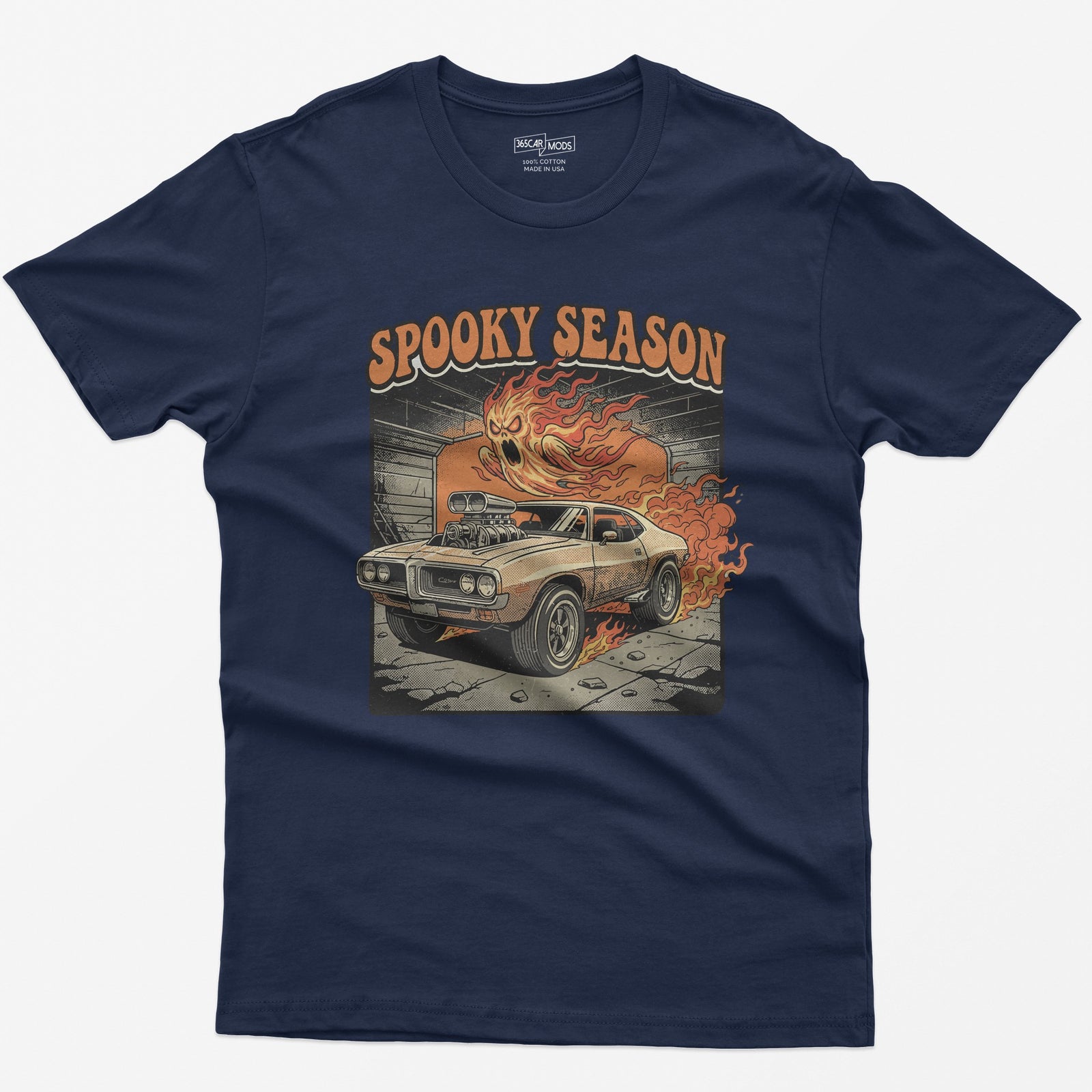 Spooky Season Flaming Muscle Car Ghost T-Shirt - Navy