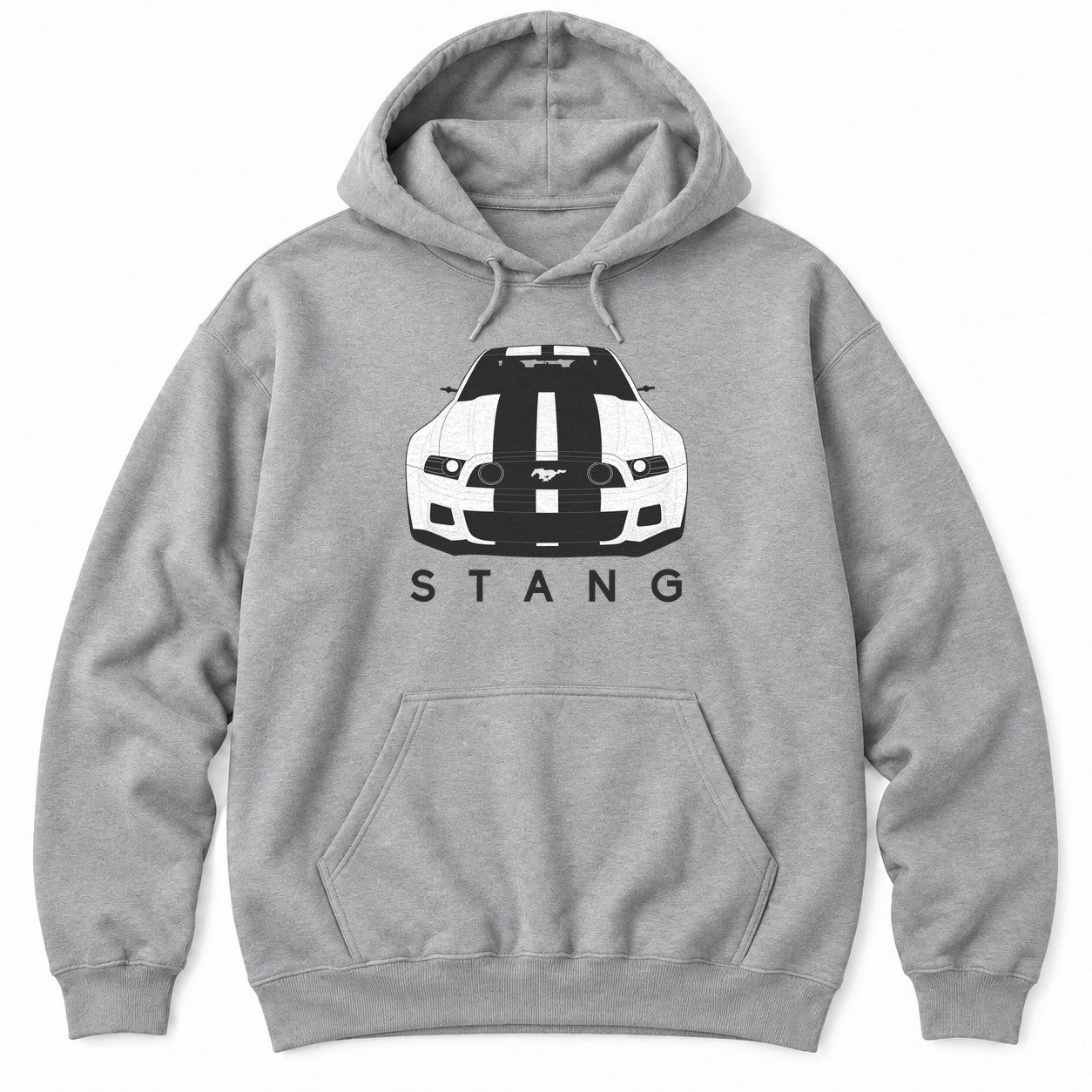 Athletic Heather hoodie with a head-on muscle car illustration with twin racing stripes above spaced-out letters