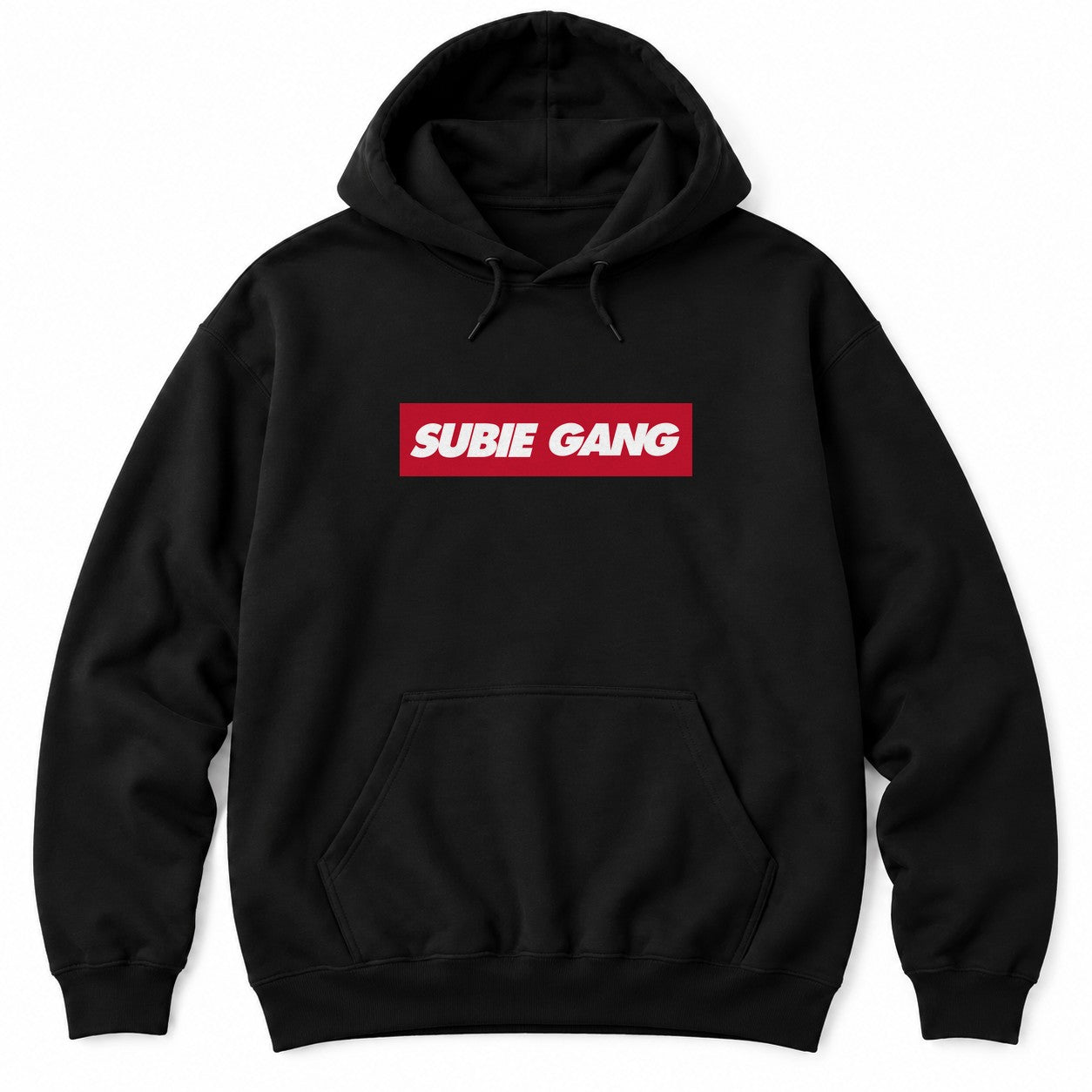 Black hoodie with SUBIE GANG in white italic letters on a red box logo
