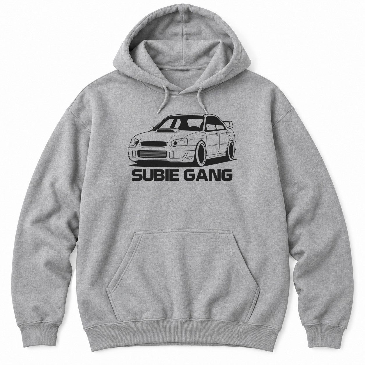 Athletic Heather hoodie with a white line drawing of an AWD rally sedan with a hood scoop and big wing above a gang slogan