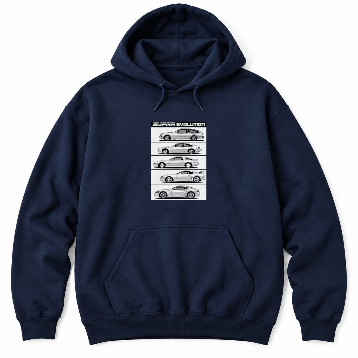 Navy hoodie with five side-profile line drawings of JDM sports car generations stacked under a bold header