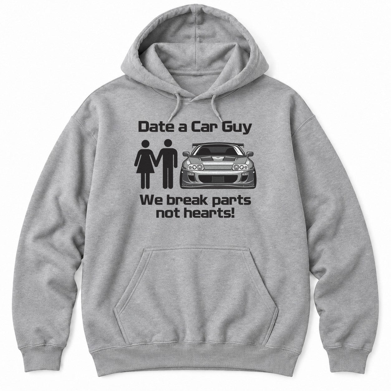 Athletic Heather hoodie with Date a Car Guy, a stick-figure couple next to a JDM sports car and We break parts not hearts