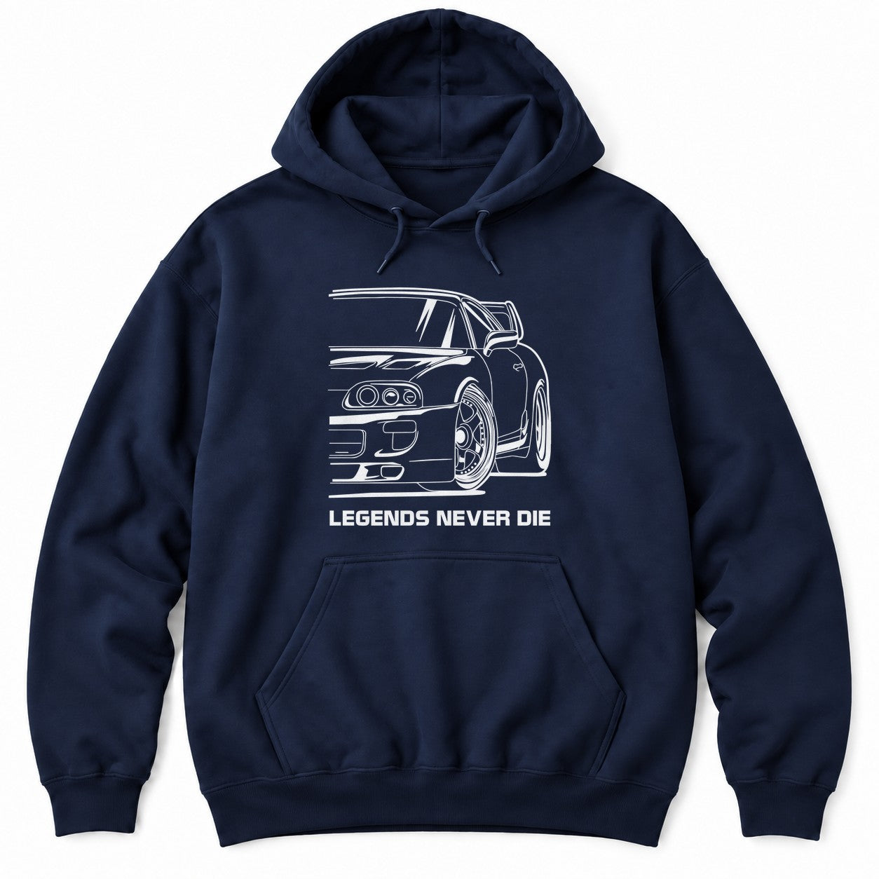 Navy hoodie with a white line drawing of a 90s JDM sports car with triple round headlights and LEGENDS NEVER DIE